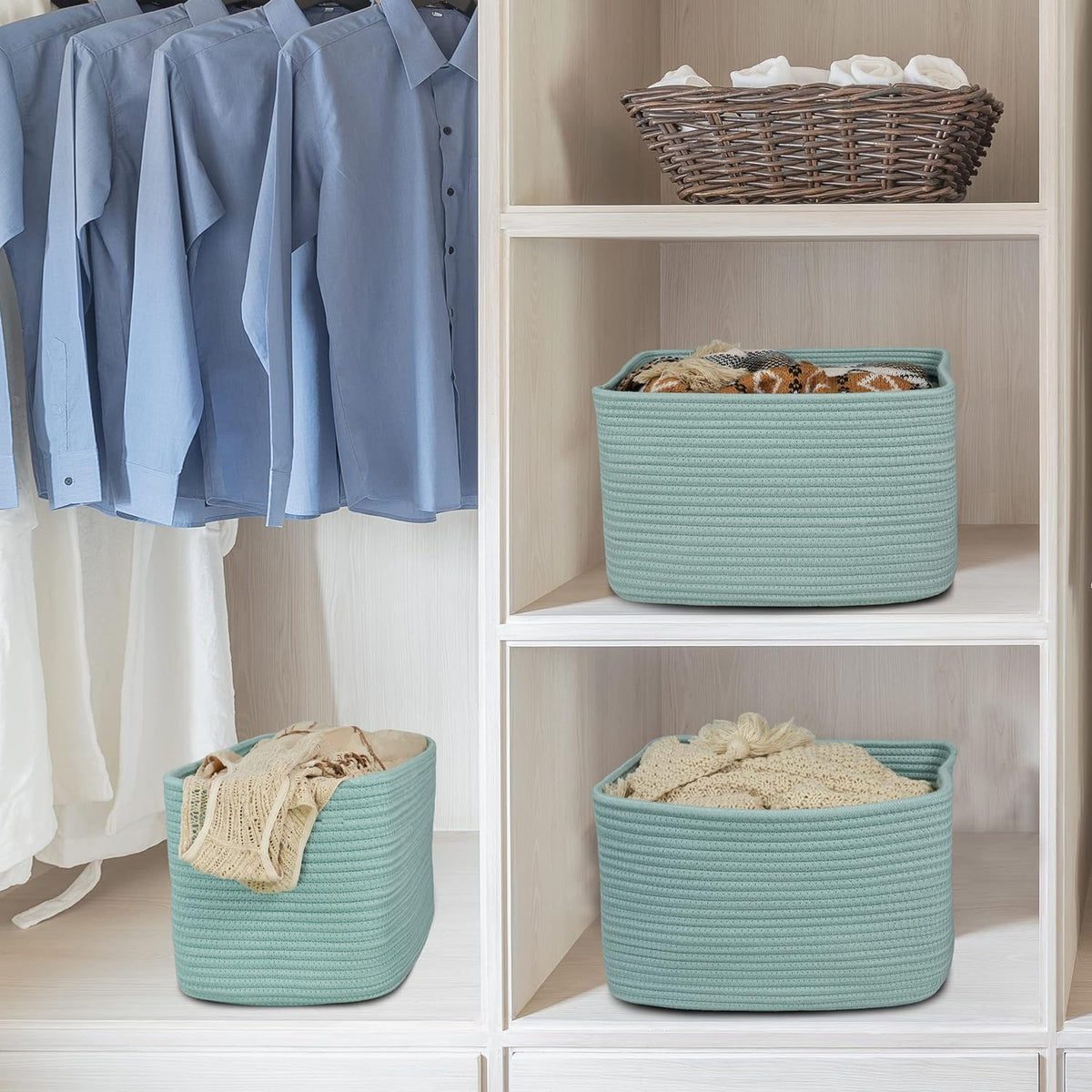 Cotton Rope storage Basket Bins Woven Basket for Organizing Shelves Rectangle Decorative Baskets