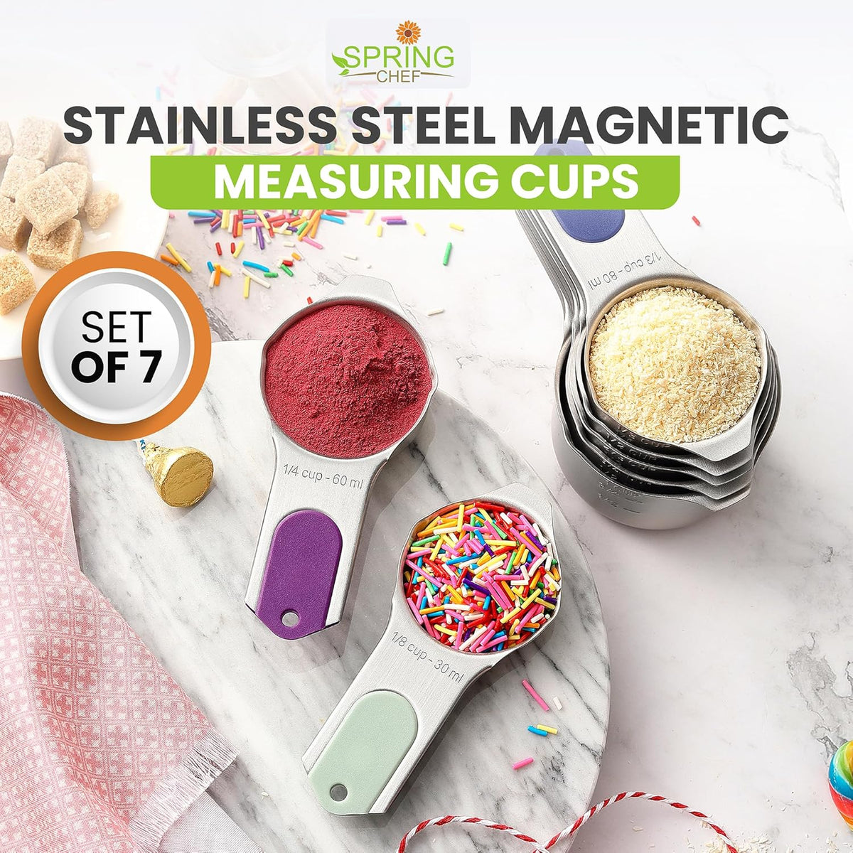 Spring Chef Magnetic Stainless Steel Measuring Cups, Patented, Kitchen Tools with Easy to Read