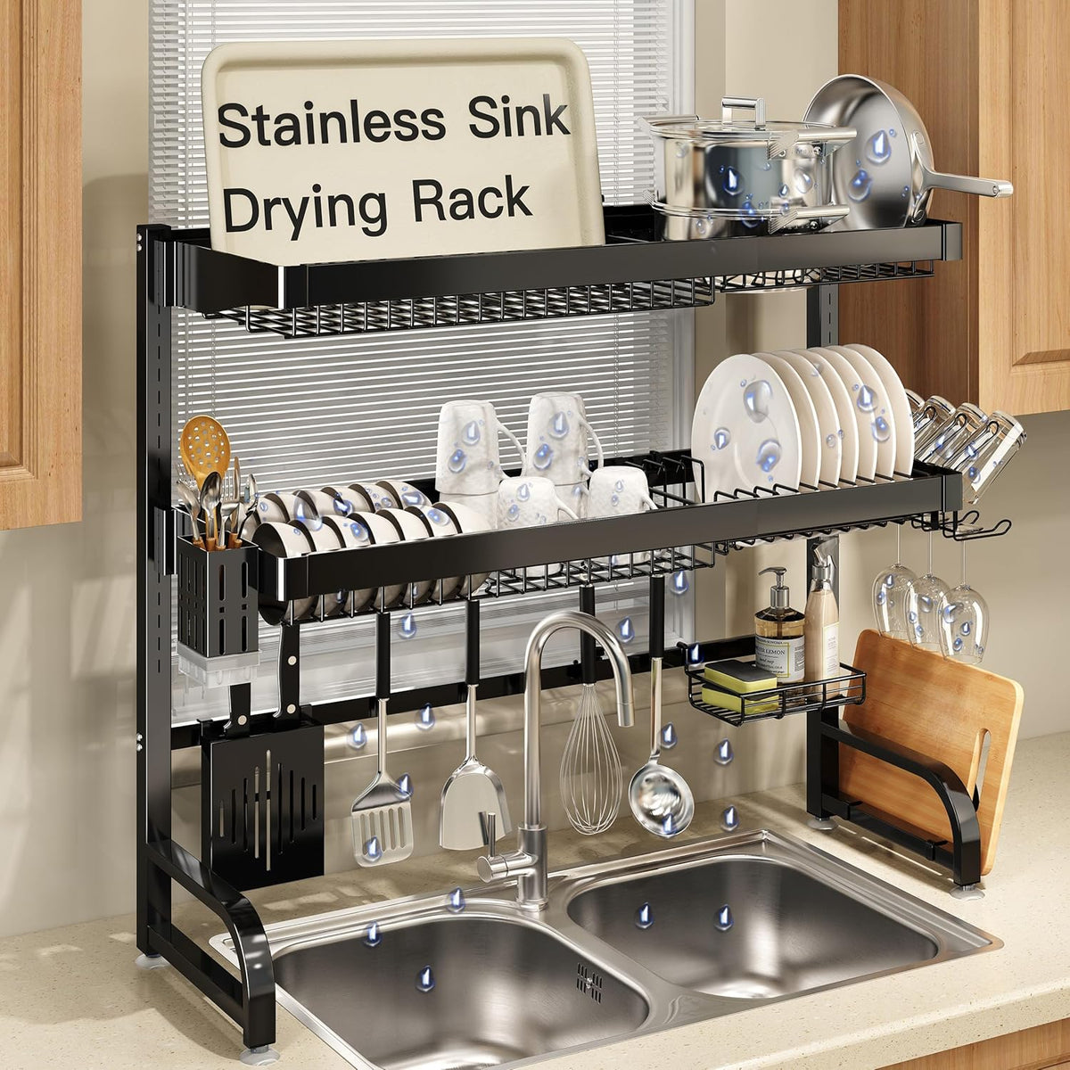 3 Tier Extra Large Stainless Steel Expandable Over The Sink Dish Drainer Drying Rack, Rust Proof