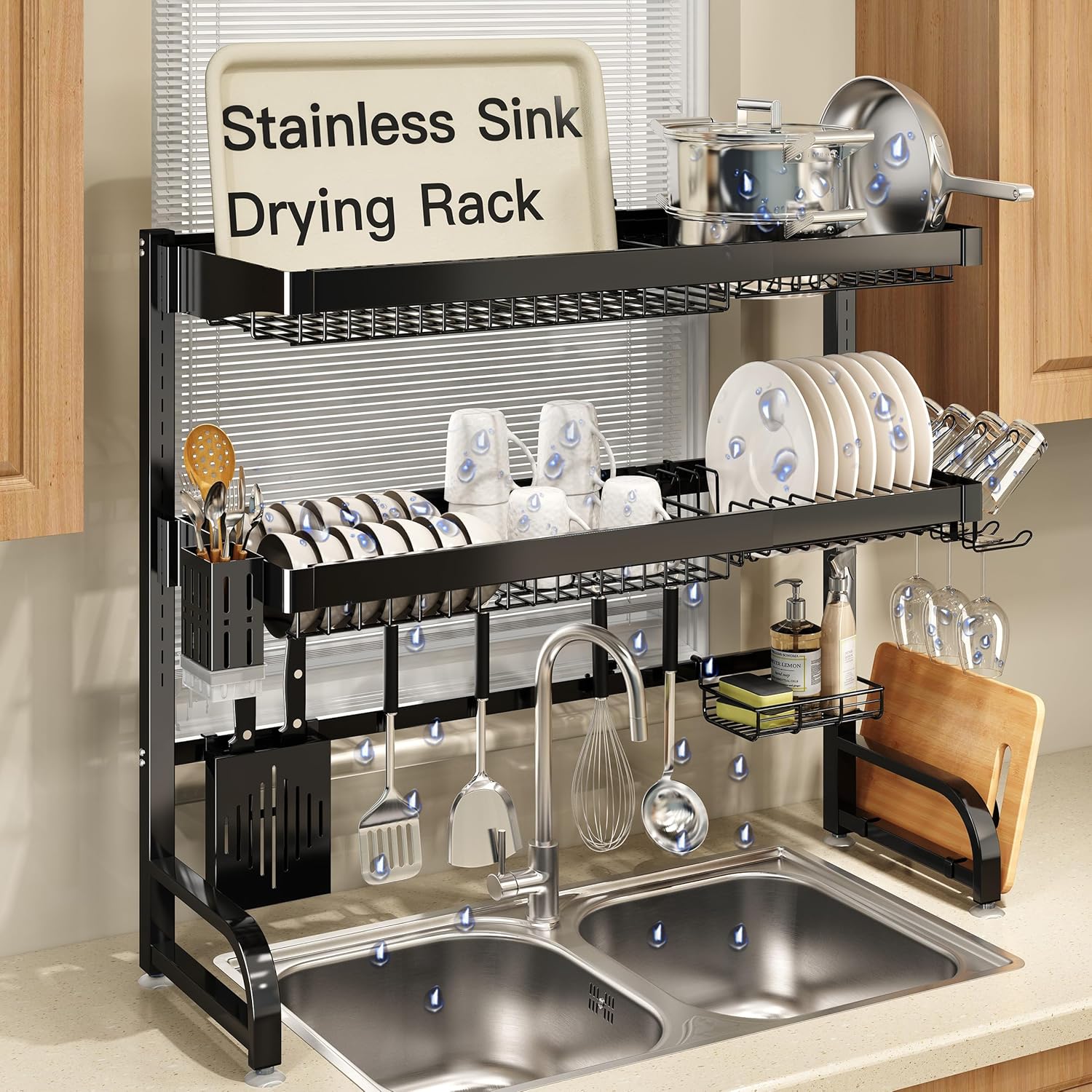 3 Tier Extra Large Stainless Steel Expandable Over The Sink Dish Drainer Drying Rack, Rust Proof