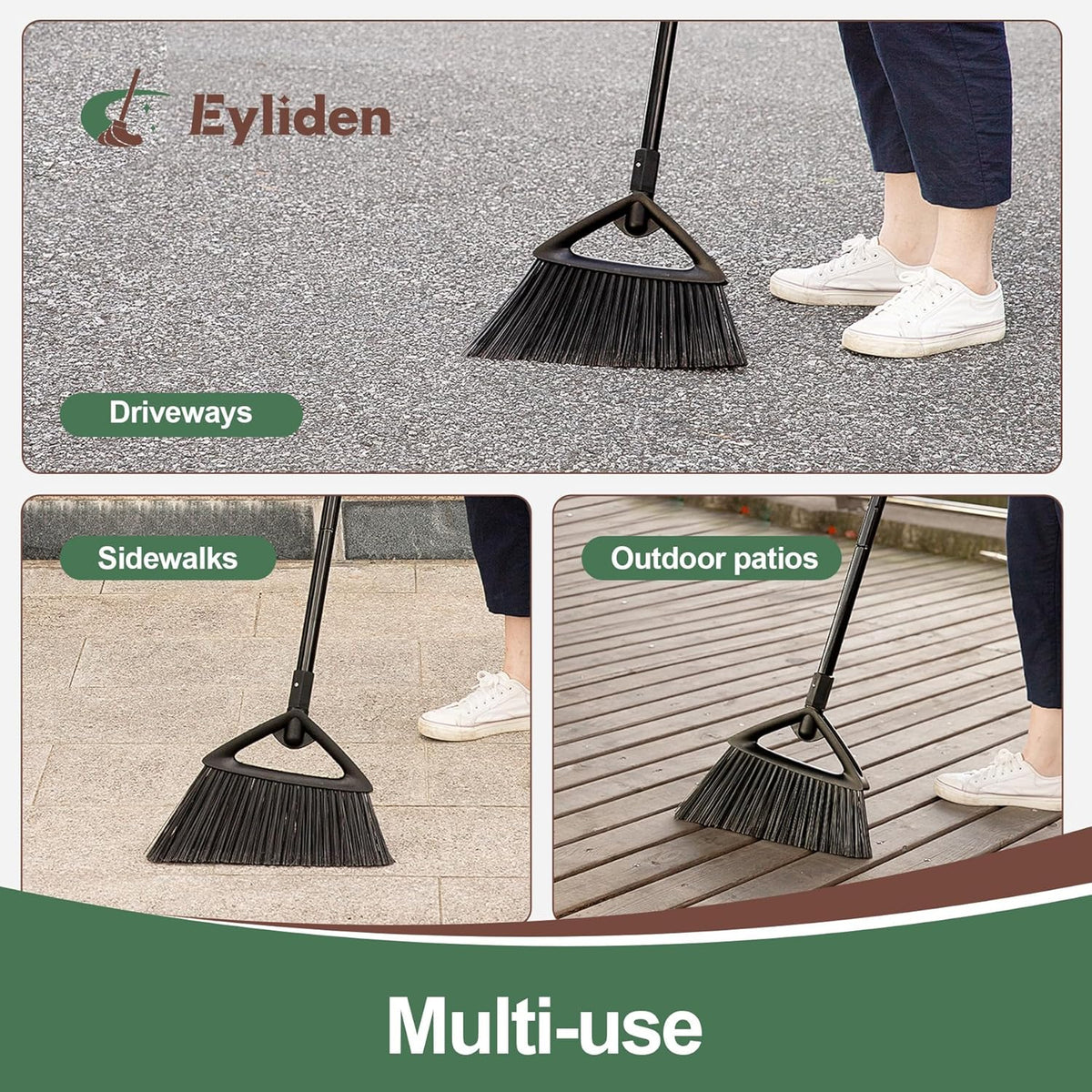 Eyliden Broom, Angle Broom with 57" Long Handle - Fit Heavy-Duty Cleaning, Also Works Well Fine