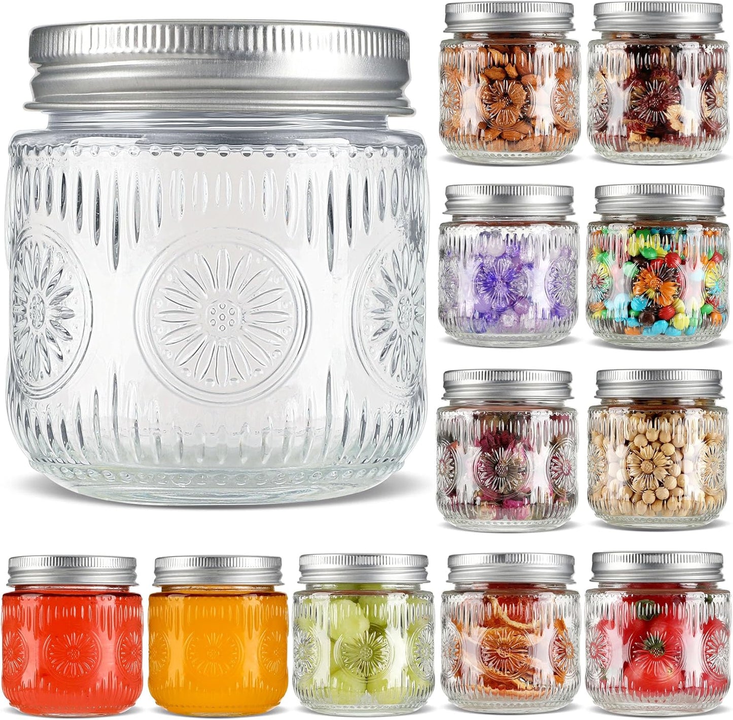Mason Jars 8 oz - Vintage Small Glass Mason Jars with Silver Metal Lids, Regular Mouth Canning