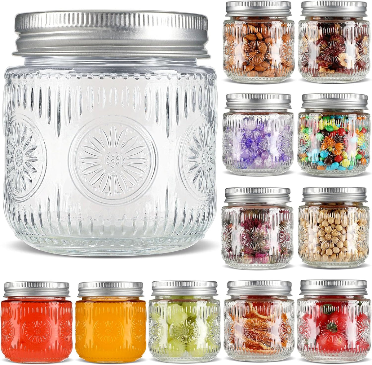 Mason Jars 8 oz - Vintage Small Glass Mason Jars with Silver Metal Lids, Regular Mouth Canning