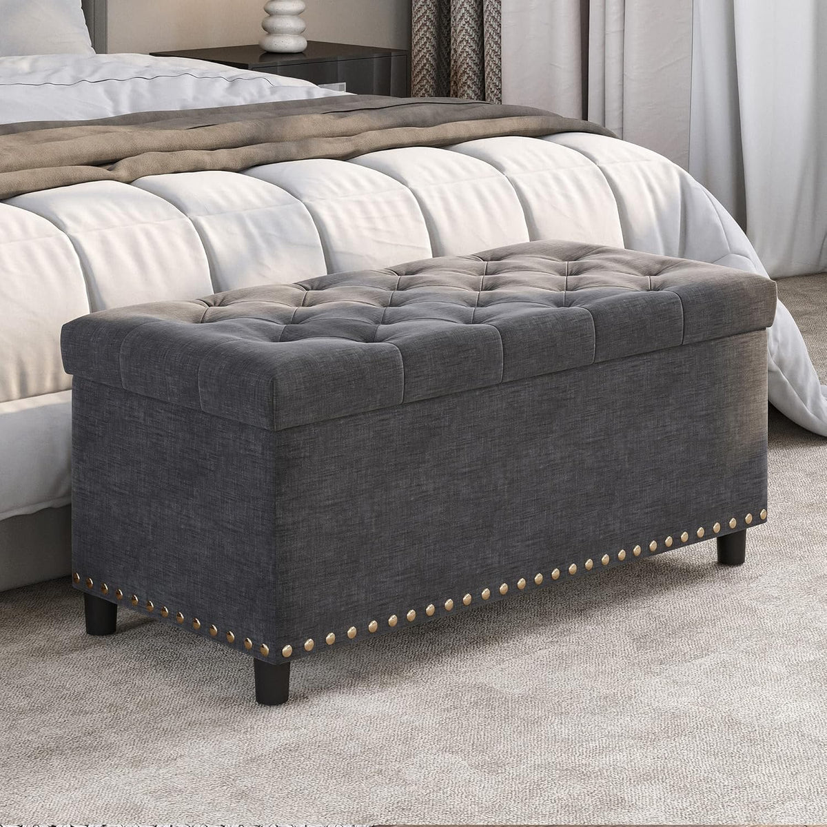 BELLEZE 35" Tufted Ottoman, Storage Bench with Safety Close Hinge, Ottoman with Storage for Living