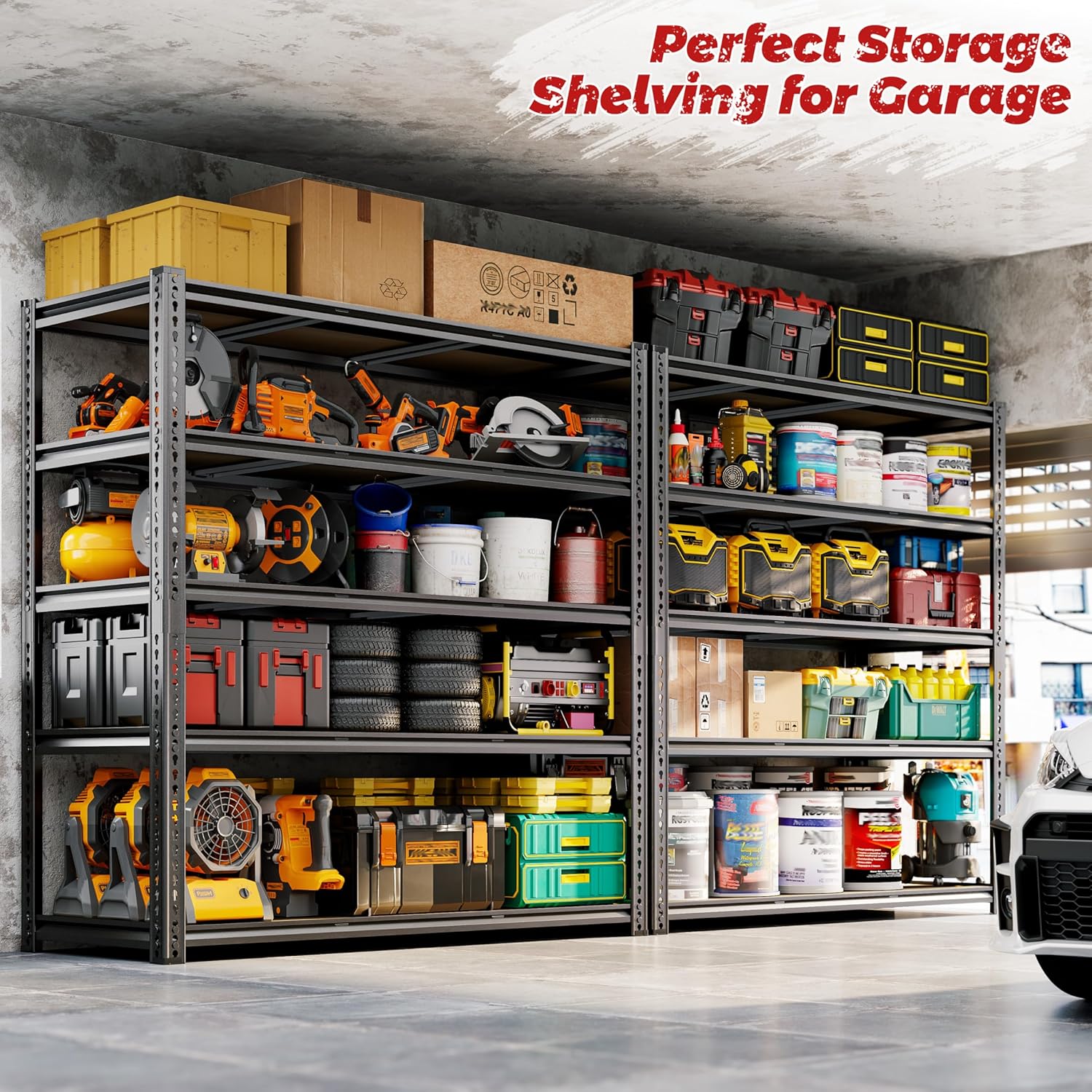 48"W Garage Shelving, 3050LBS Storage Shelves Heavy Duty, 5 Tier Metal Shelving Unit Adjustable