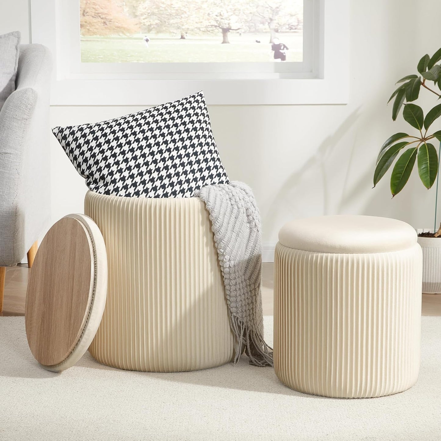 Round Ottoman with Storage Set of 2,Vanity Stool with Storage for Bedroom, Ottoman Coffee