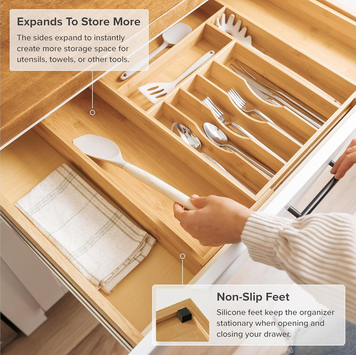 KitchenEdge Premium Silverware, Flatware and Utensil Organizer for Kitchen Drawers, Food-Safe