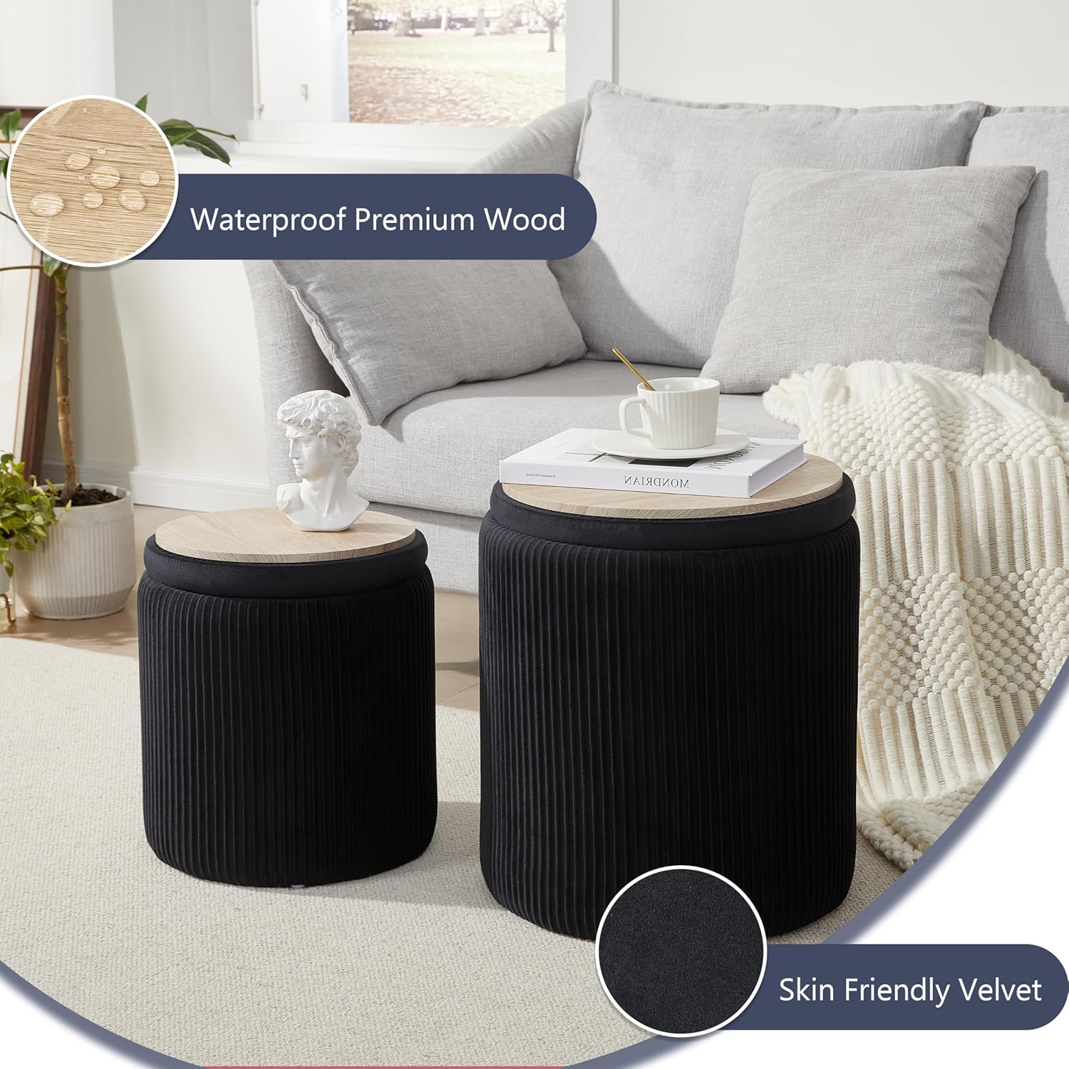 Royal Windsor Round Ottoman with Storage Set of 2,Vanity Stool with Storage for Bedroom, Ottoman