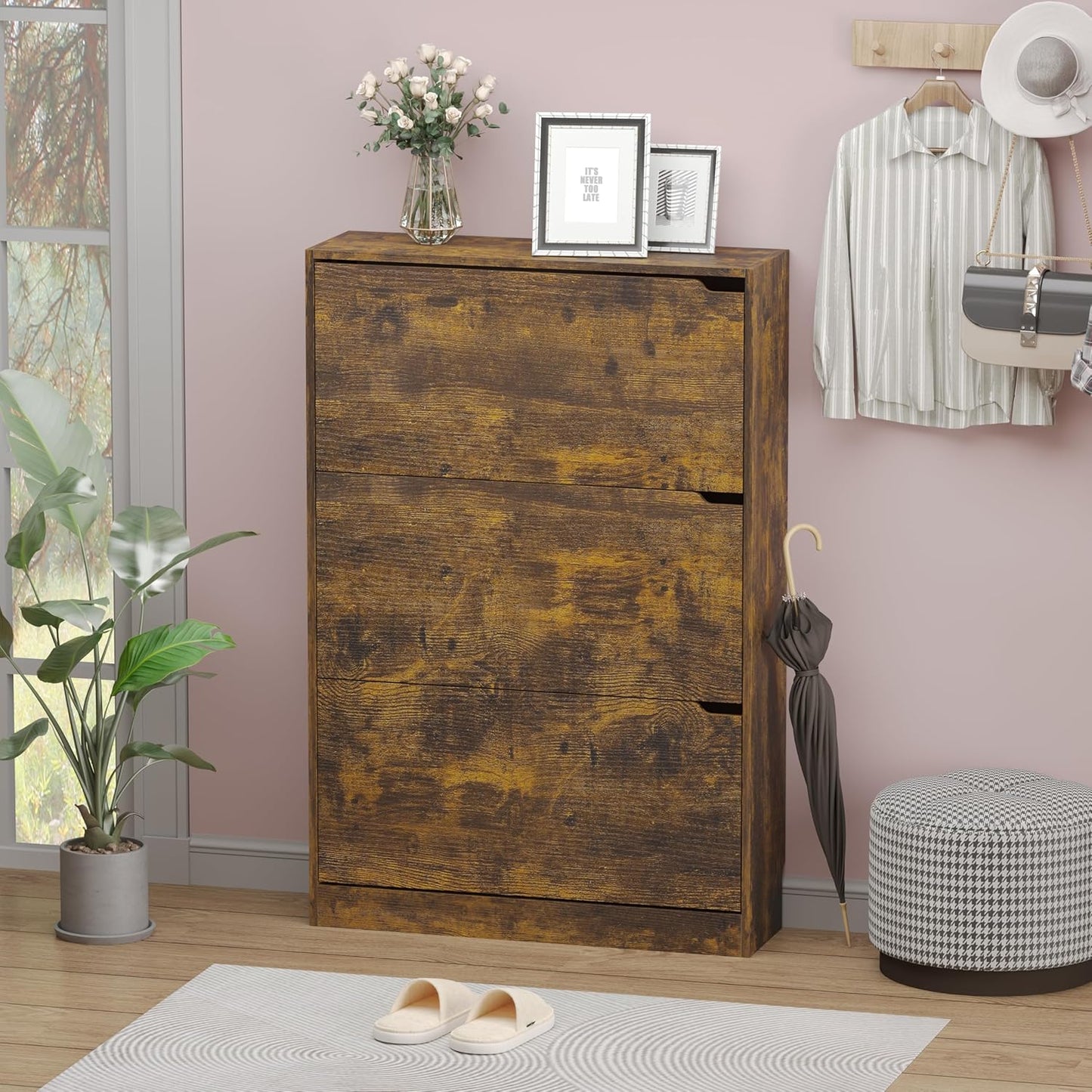 Shoe Cabinet with 3 Flip Drawers, Hidden Wood Shoe Cabinet,Freestanding Shoe Storage Cabinet for