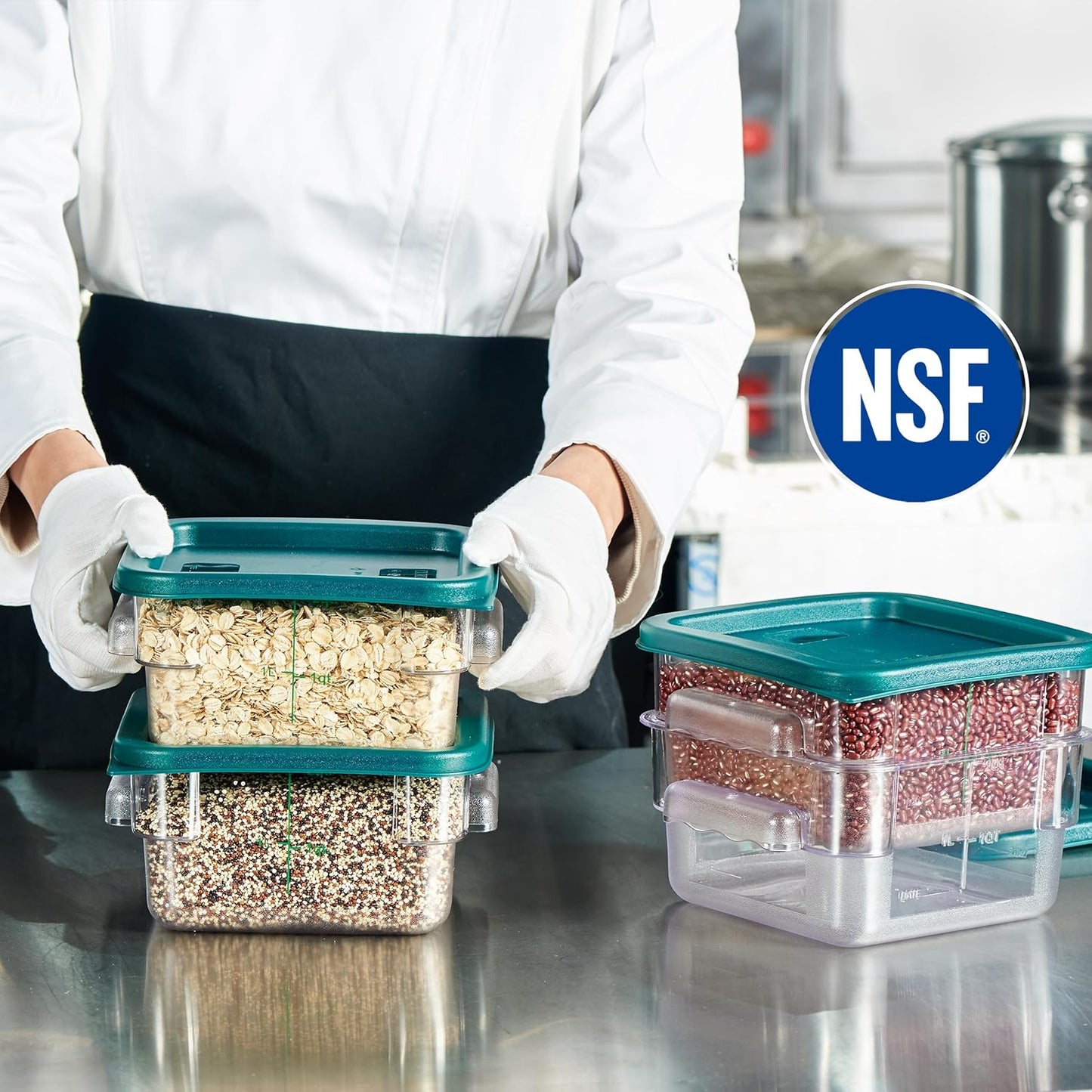 CURTA 4 Pack Food Storage Container with Green Lid - NSF Listed Commercial Grade in 2.0 Qt
