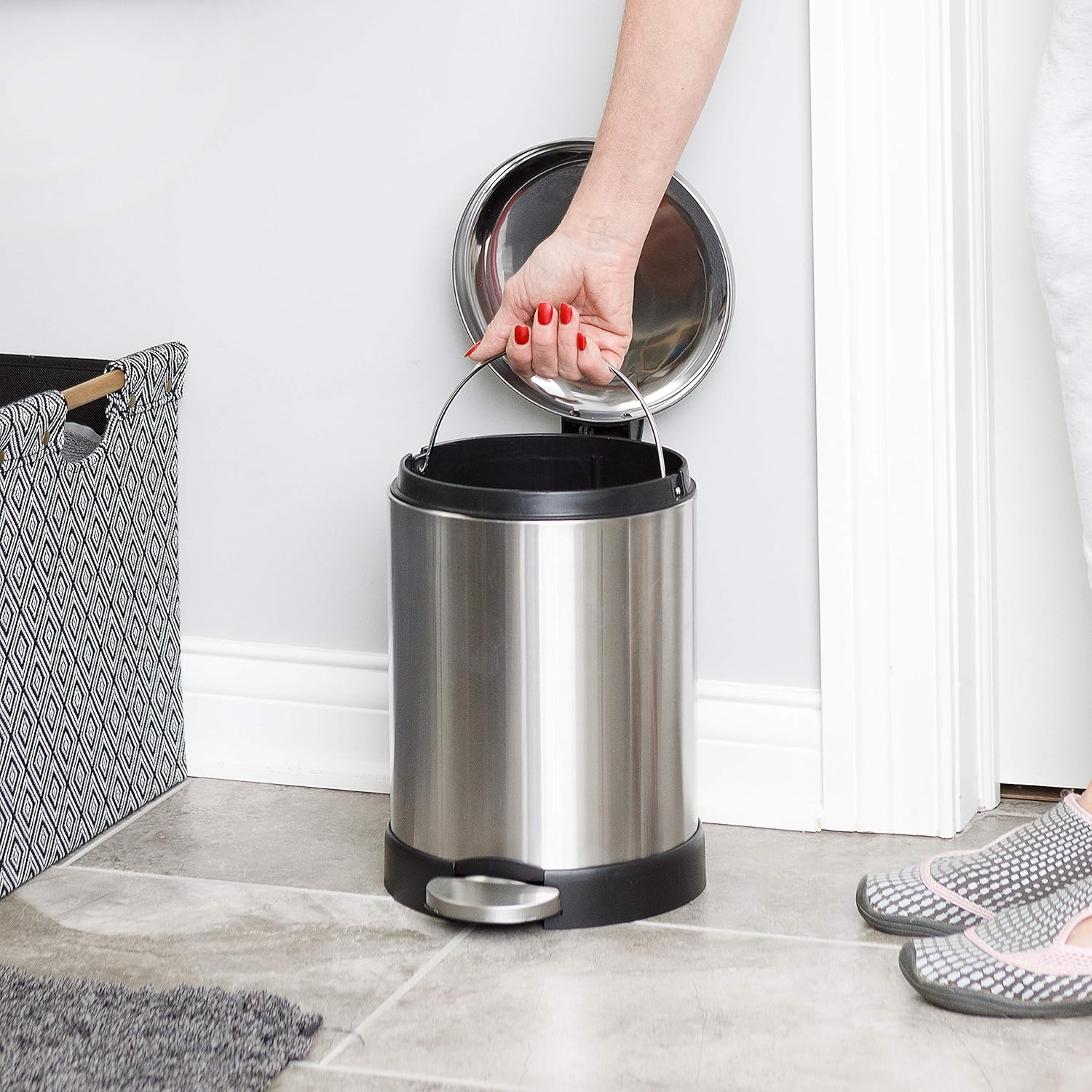 GLAD Small Trash Can, 1.2 Gallon | Round Stainless Steel Garbage Bin with Soft Close Lid & Step
