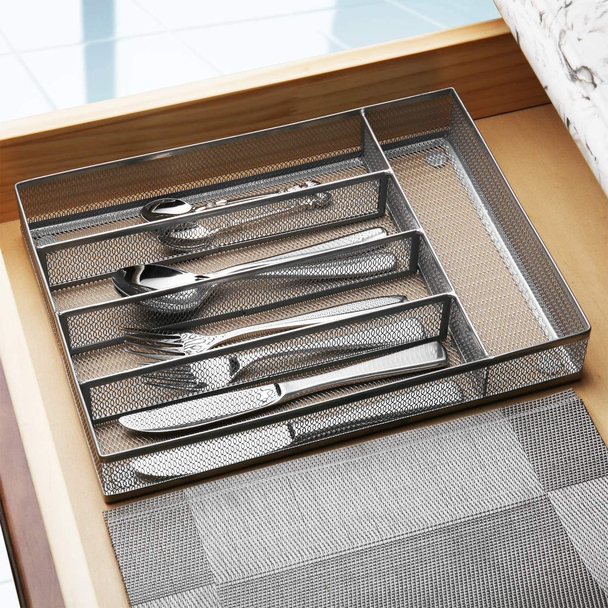 JANE EYRE Drawer Organizer, Cutlery Tray Silverware Flatware Storage Divider for Kitchen, Mesh Wire