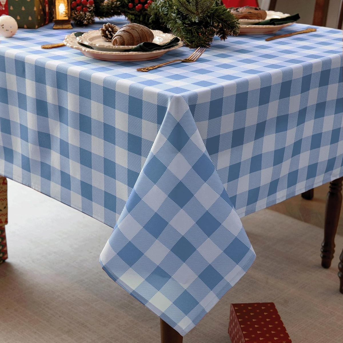 Classic Gingham Tablecloth Fabric - Oblong 58x120 Water Resistant Chequered Pattern Table Cloth for