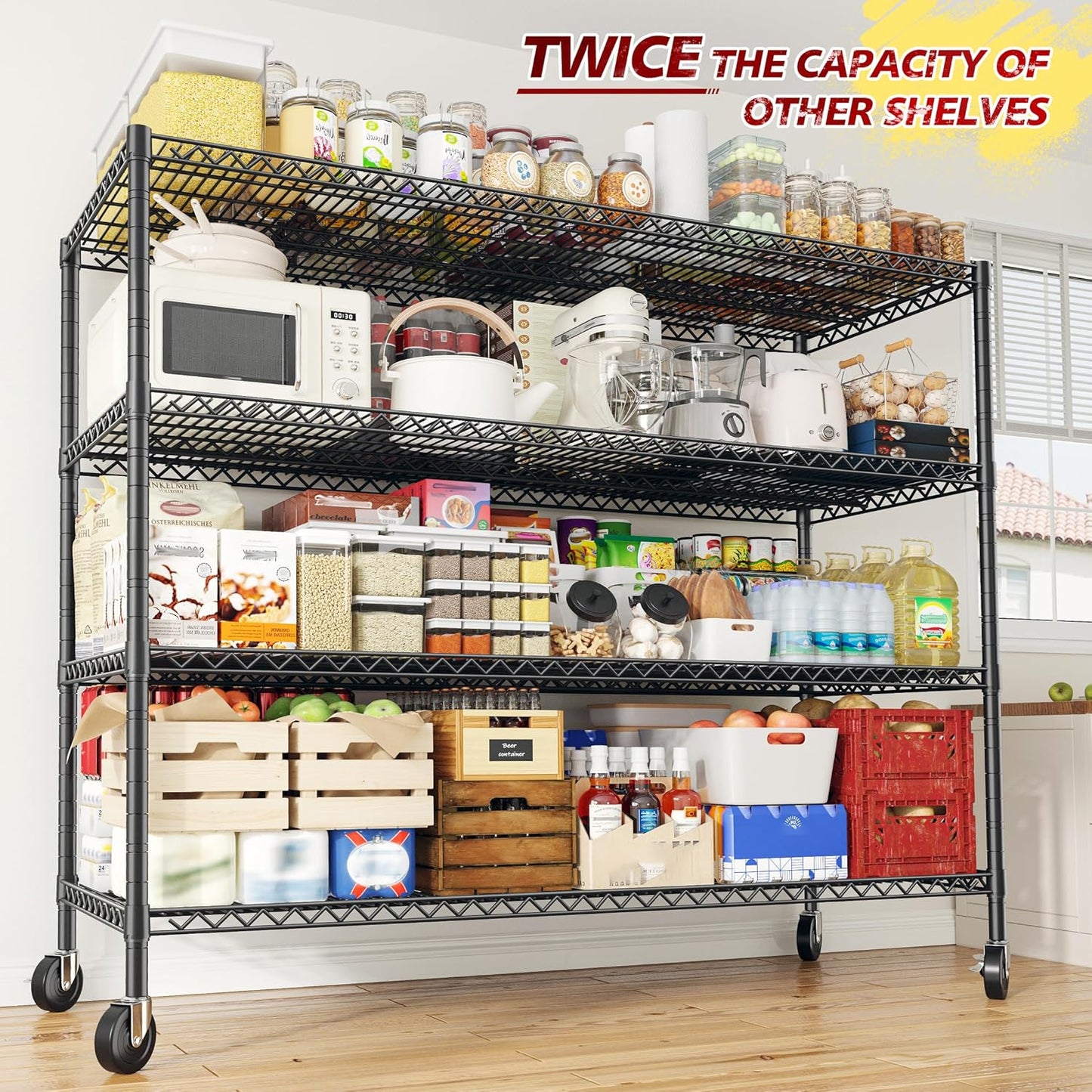 REIBII 55.5''W Storage Shelves 2500LBS Wire Shelving Rack with Wheels 75.6" H Heavy Duty Shelving