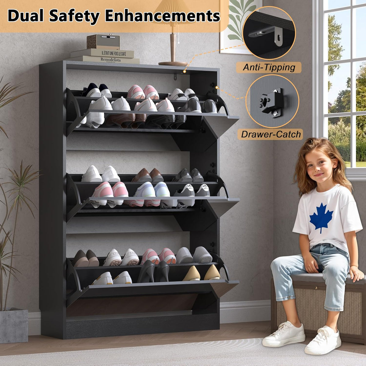 Shoe Cabinet with 3-Flip Mirror Drawers, Freestanding Shoe Rack Organizer with Hidden Handle, Slim