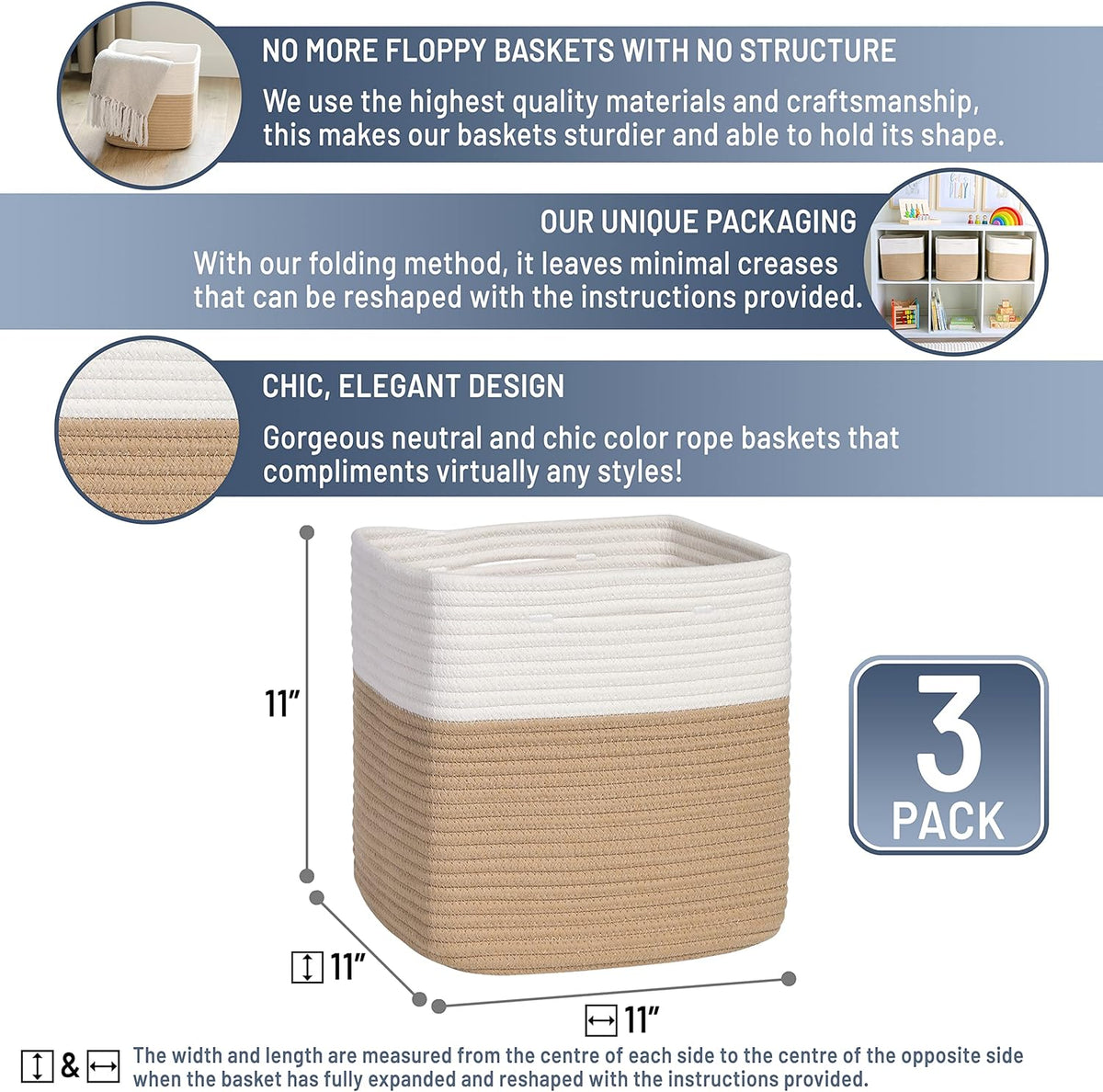 NaturalCozy Storage Cubes 11 Inch Cotton Rope Woven Baskets for Organizing, 3-Pack | Cube Storage