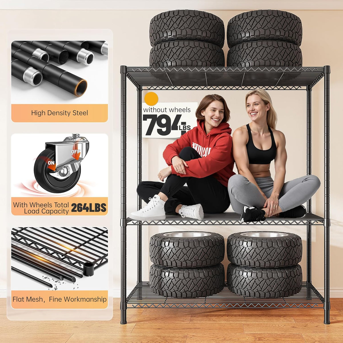 REIBII 4-Tier Storage Shelves Wire Shelving Unit with Cover & Wheels, Heavy Duty Metal Shelving for
