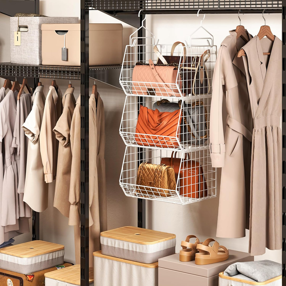 X-cosrack 3 Tier Foldable Closet Organizer, Clothes Shelves with 5 S Hooks, Wall Mount&Cabinet Wire