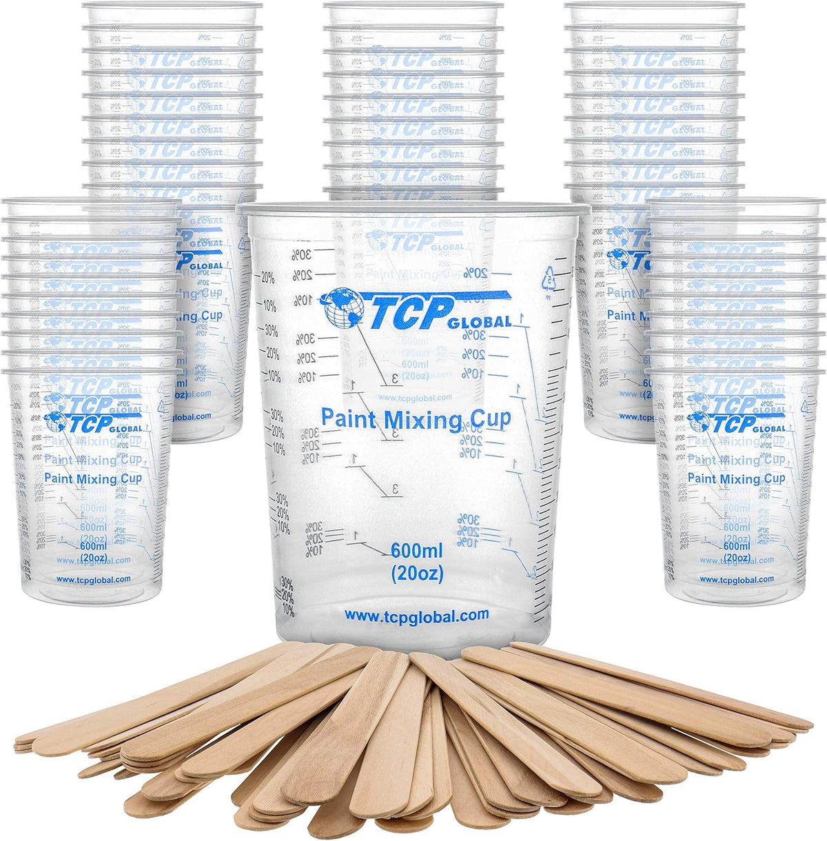 TCP Global 20 oz. (600ml) Graduated Plastic Mixing Cups - Box of 50 with 50 Mixing Sticks