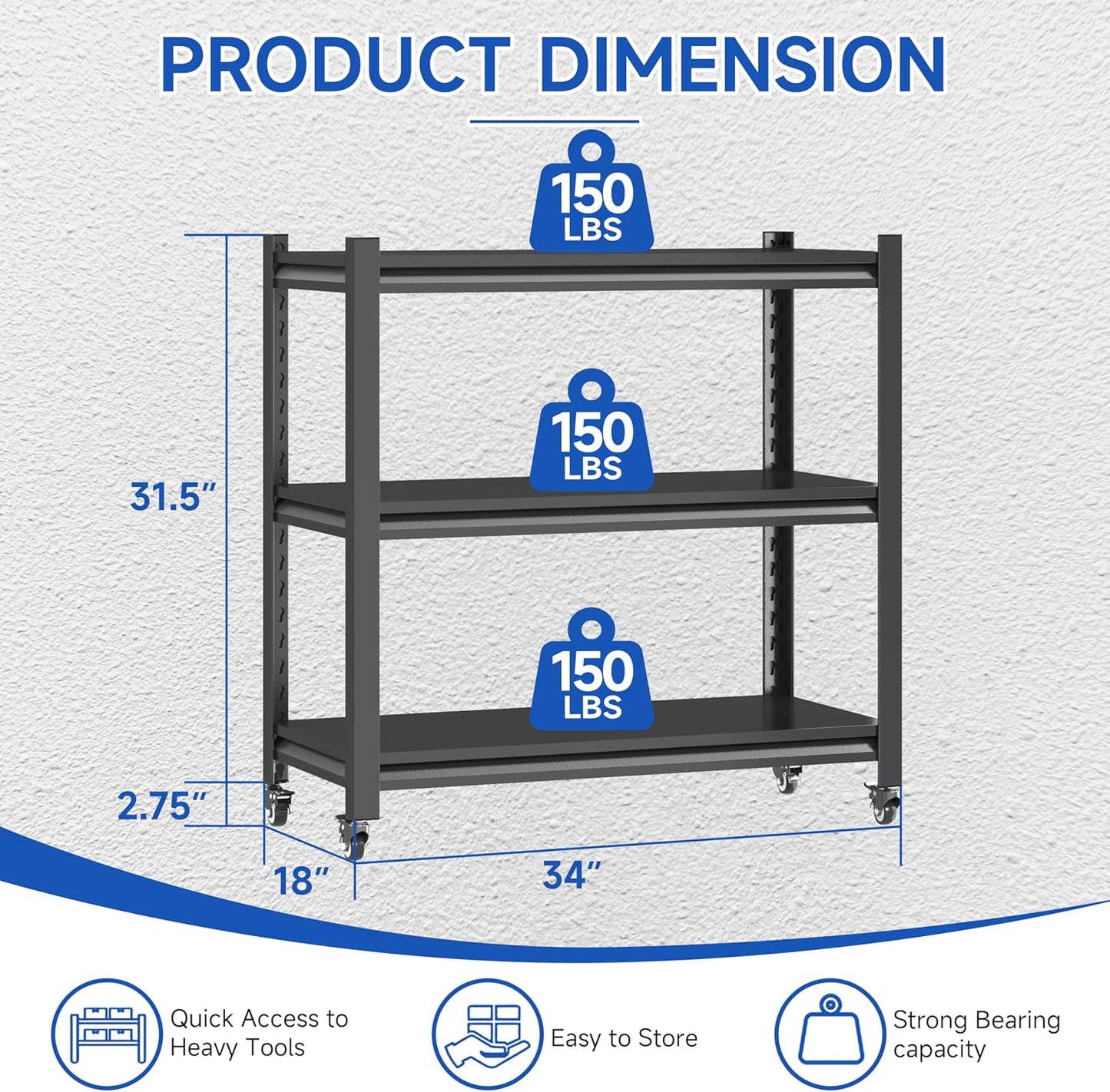 3 Tier Adjustable Garage Storage Shelving,Heavy Duty Utility Rack Shelf Unit on 4 Wheel