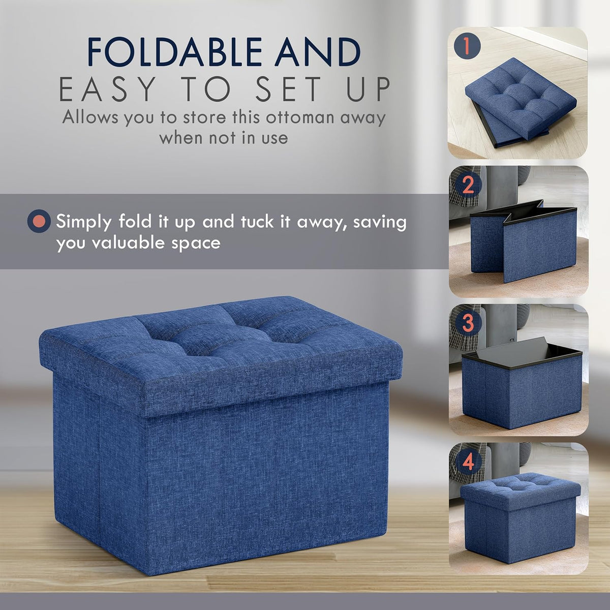 Ornavo Home Small Storage Ottoman Foldable Collapsible Rectangle Linen Ottoman Foot Rest Stool