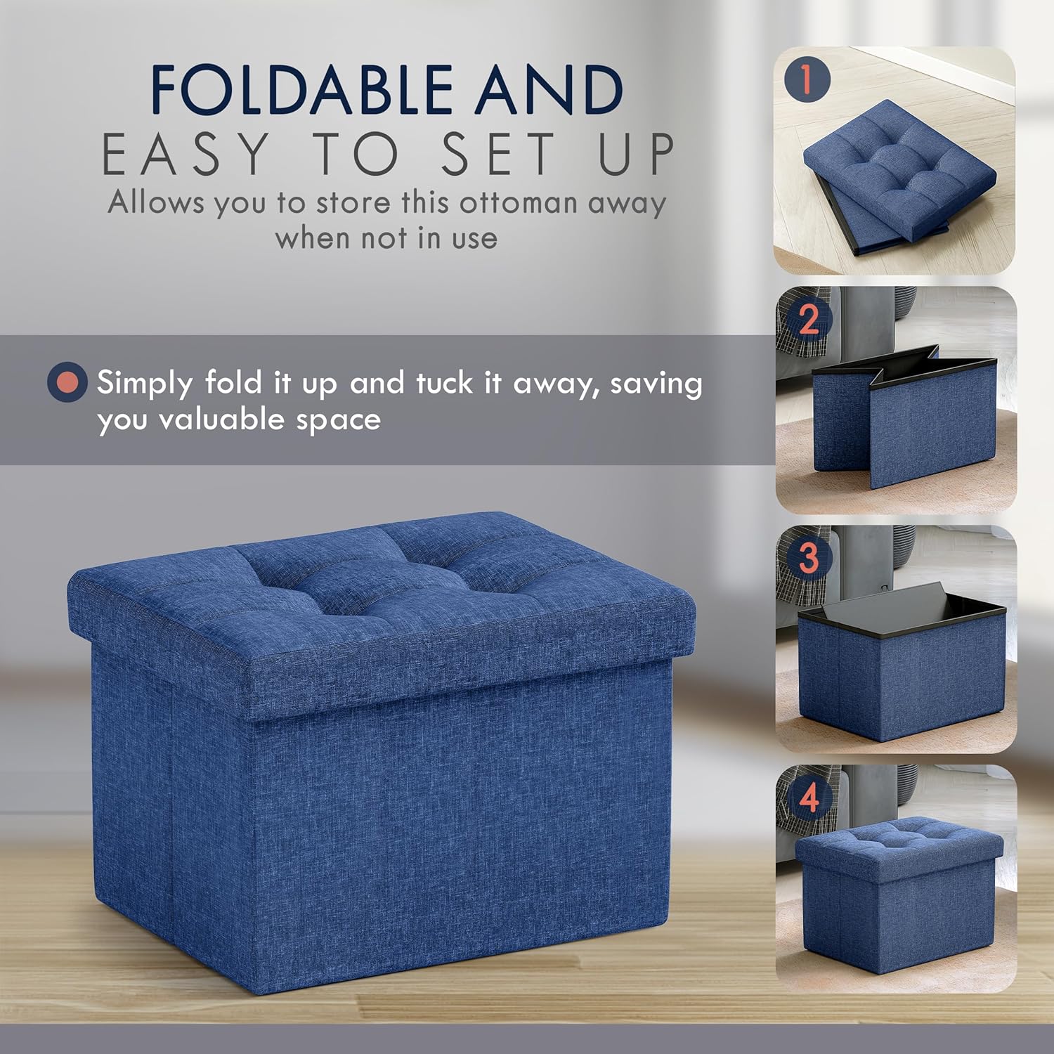Ornavo Home Small Storage Ottoman Foldable Collapsible Rectangle Linen Ottoman Foot Rest Stool
