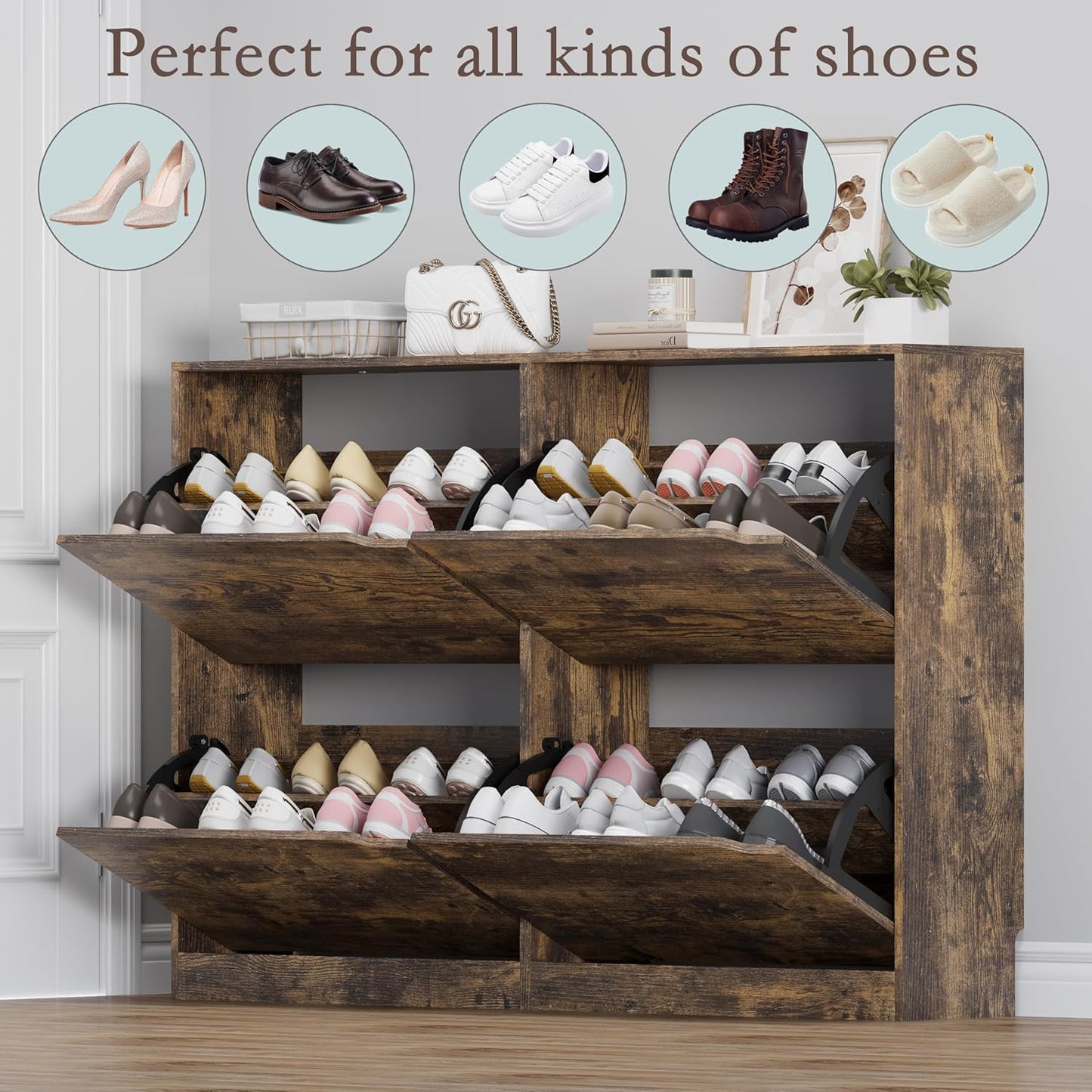 Shoe Cabinet with 4 Flip Drawers, Narrow Hidden Shoe Storage Cabinet, Slim Freestanding Shoe Rack