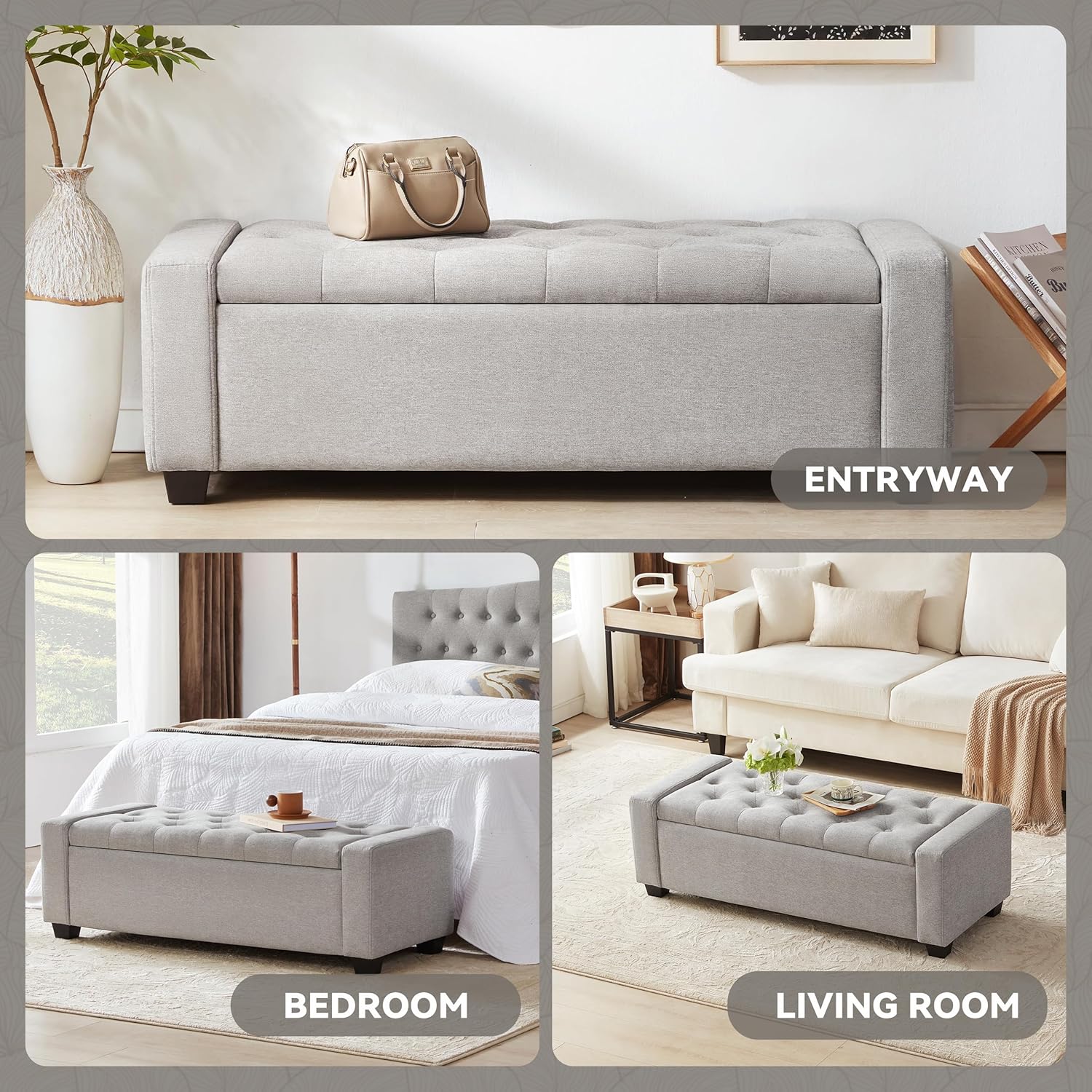 48" Ottoman with Storage, Large Storage Ottoman Bench for Bedroom with Safety Hinge, Upholstered