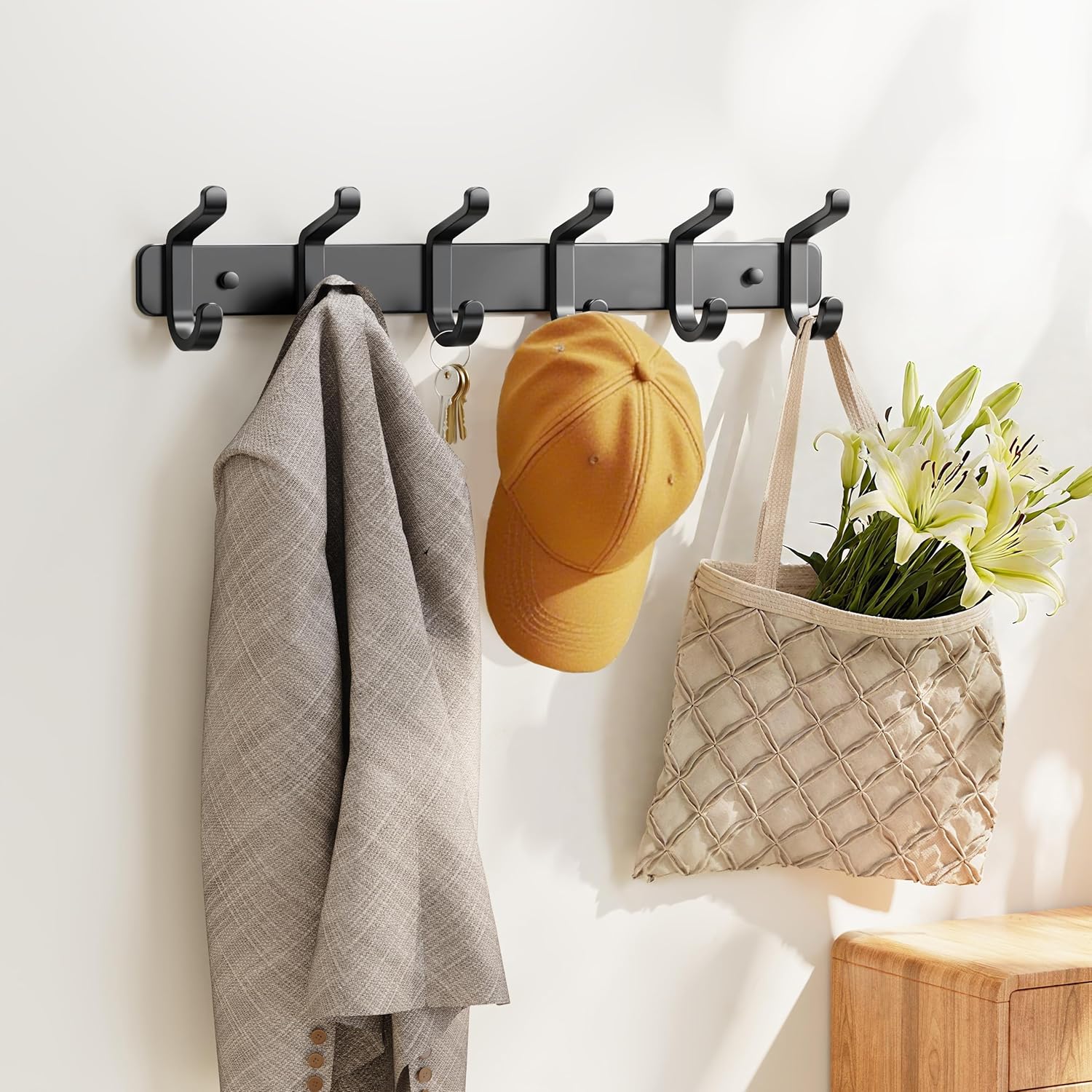 Coat Rack Wall Mounted Heavy-Duty: Metal Coat Hanger 6 Hooks for Hanging Hat, Clothes, Robe, Keys