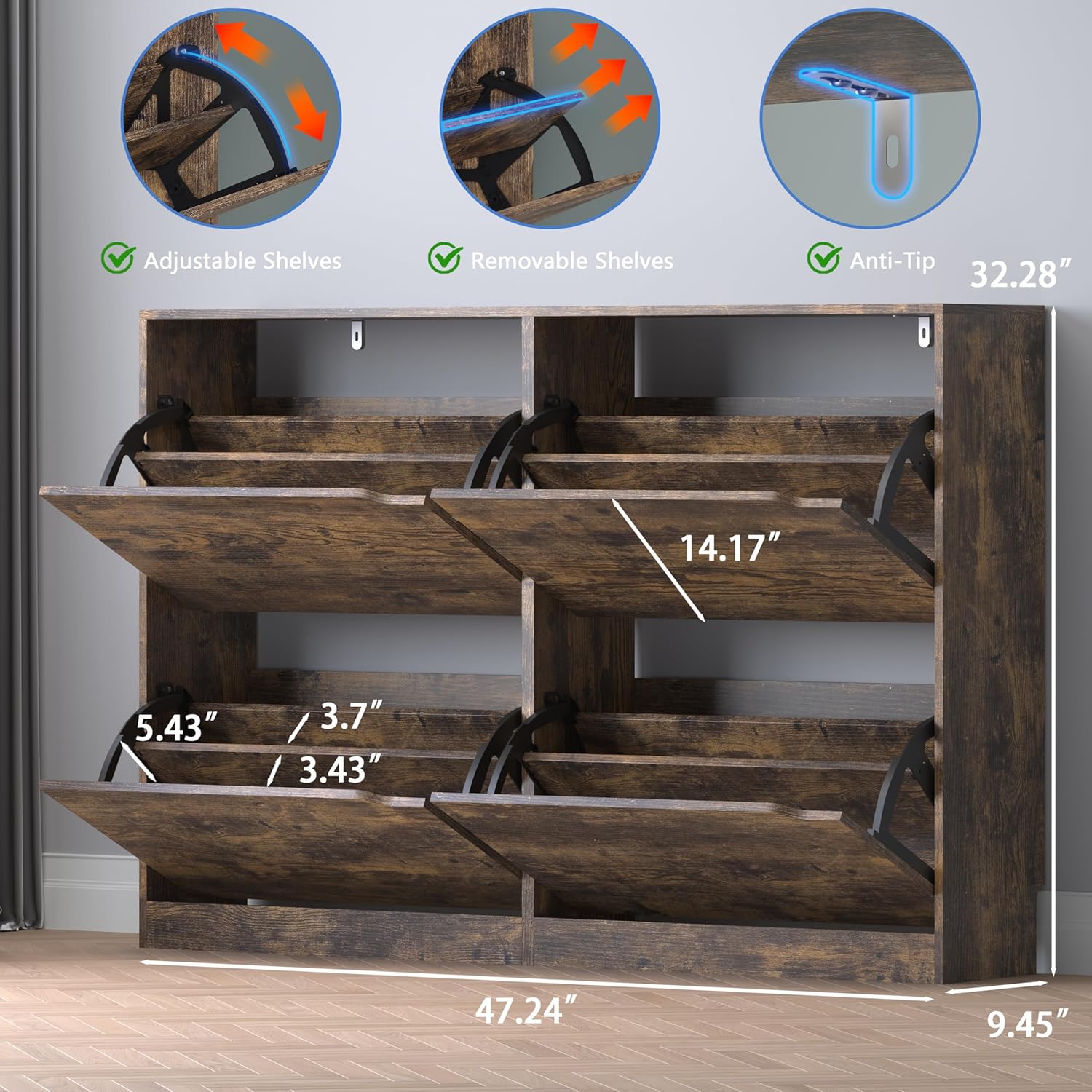 Shoe Cabinet with 4 Flip Drawers, Narrow Hidden Shoe Storage Cabinet, Slim Freestanding Shoe Rack