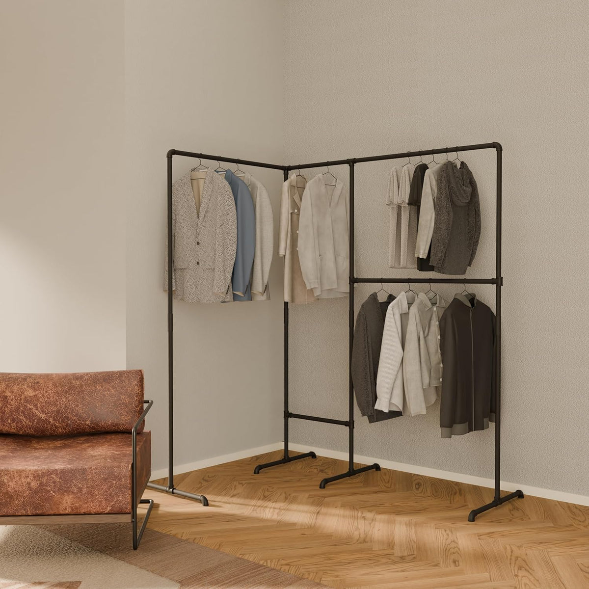 pamo Industrial Pipe Clothing Rack with Shelf - 220 lbs Capacity - Free Standing Clothes Rack and