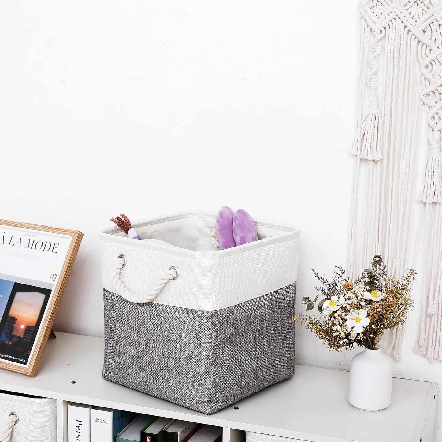 11 x 11 Inch Storage Cubes, 6 Pack Large Collapsible Fabric Storage Bin with Ropes, Foldable