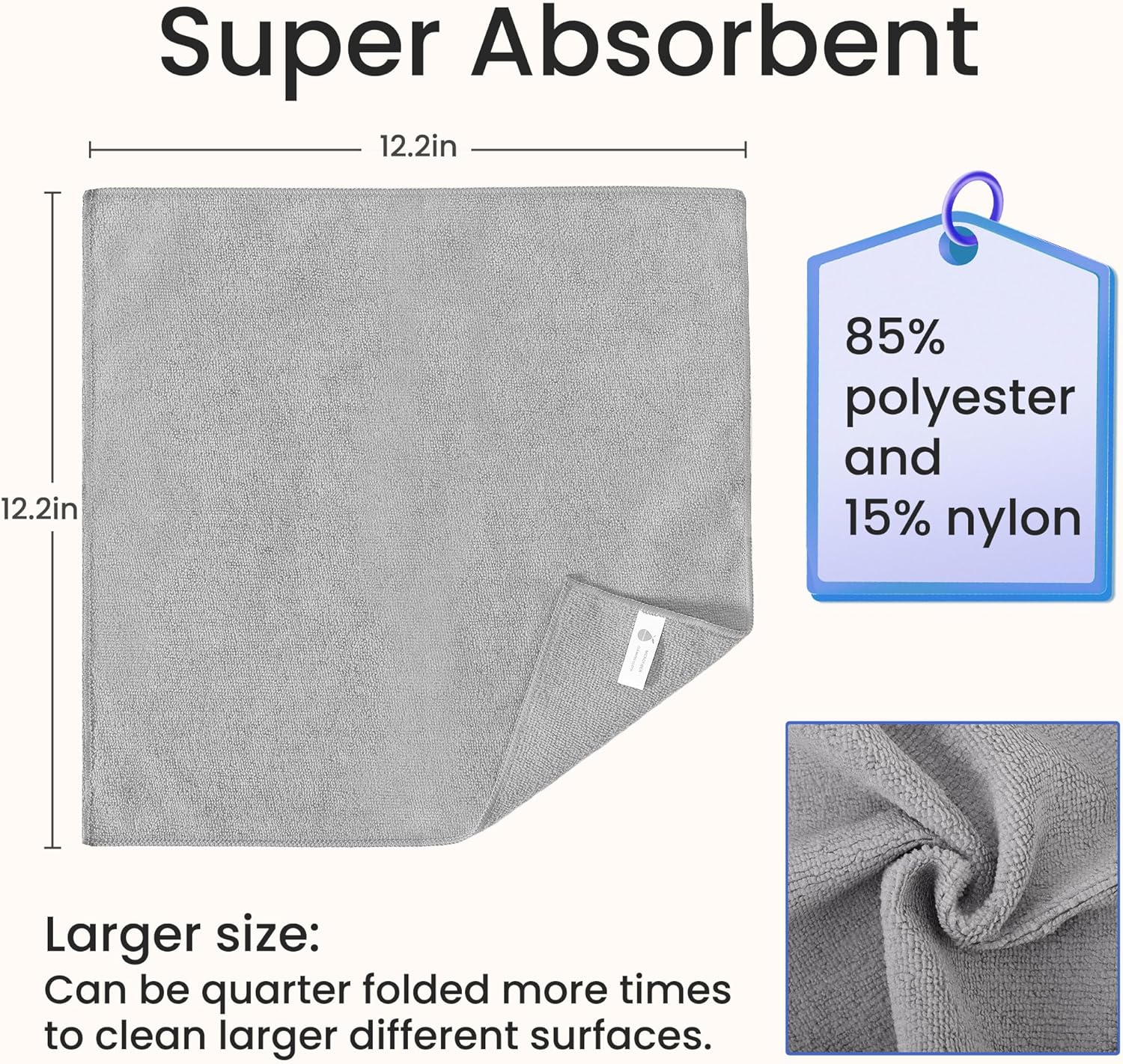Microfiber Cleaning Cloths - 12 Pack, Grey, 12.2" x 12.2", Lint-Free, Streak-Free, Absorbent