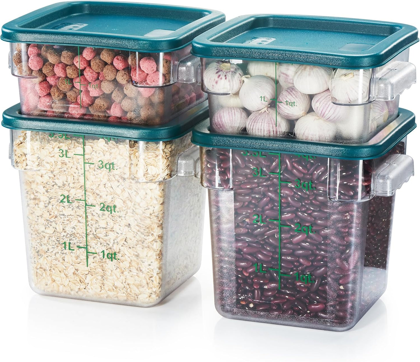 CURTA 4-Pack Food Storage Containers with Green Lids - 2 Qt & 4 Qt Square Clear Polycarbonate - NSF