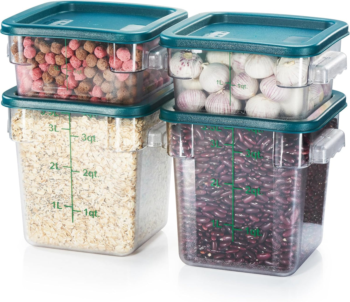 CURTA 4-Pack Food Storage Containers with Green Lids - 2 Qt & 4 Qt Square Clear Polycarbonate - NSF