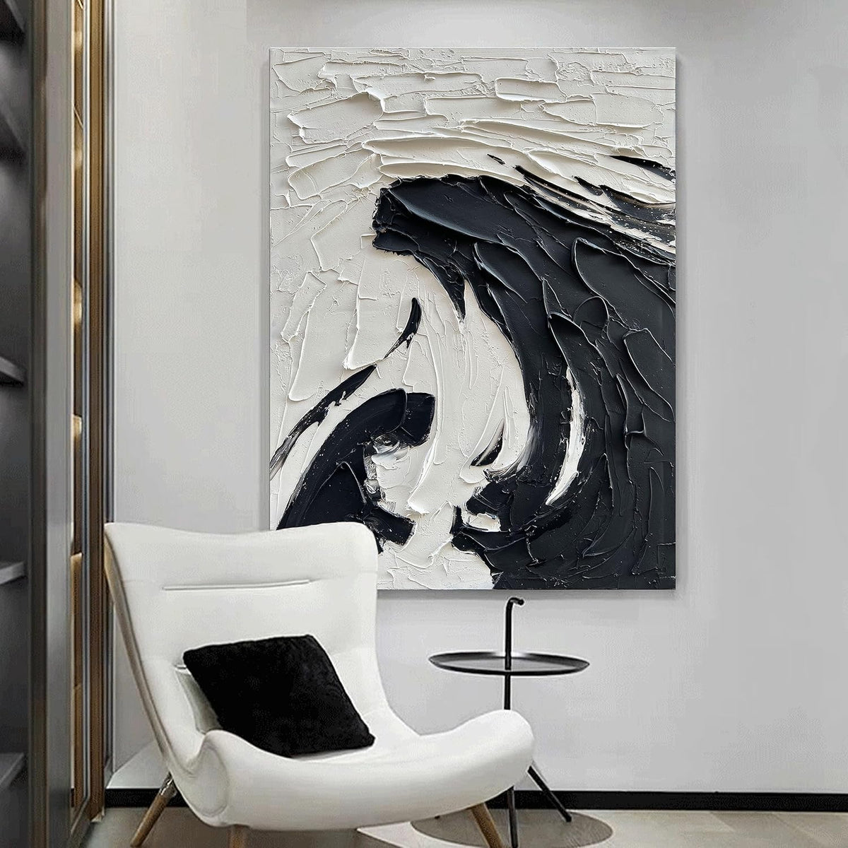 NANKAI 40x28 inch Minimalist Black and White Abstract Painting 100% Hand-Painted Modern Wall Deco