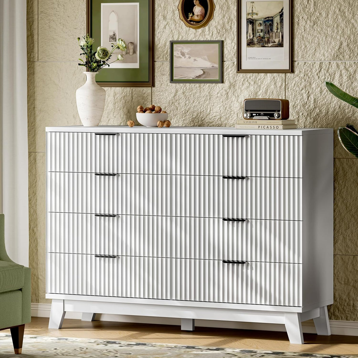 Fluted Dresser with 8 Drawers, 54" Wide Modern Chest of Drawers with Metal Handle, Wooden Dresser
