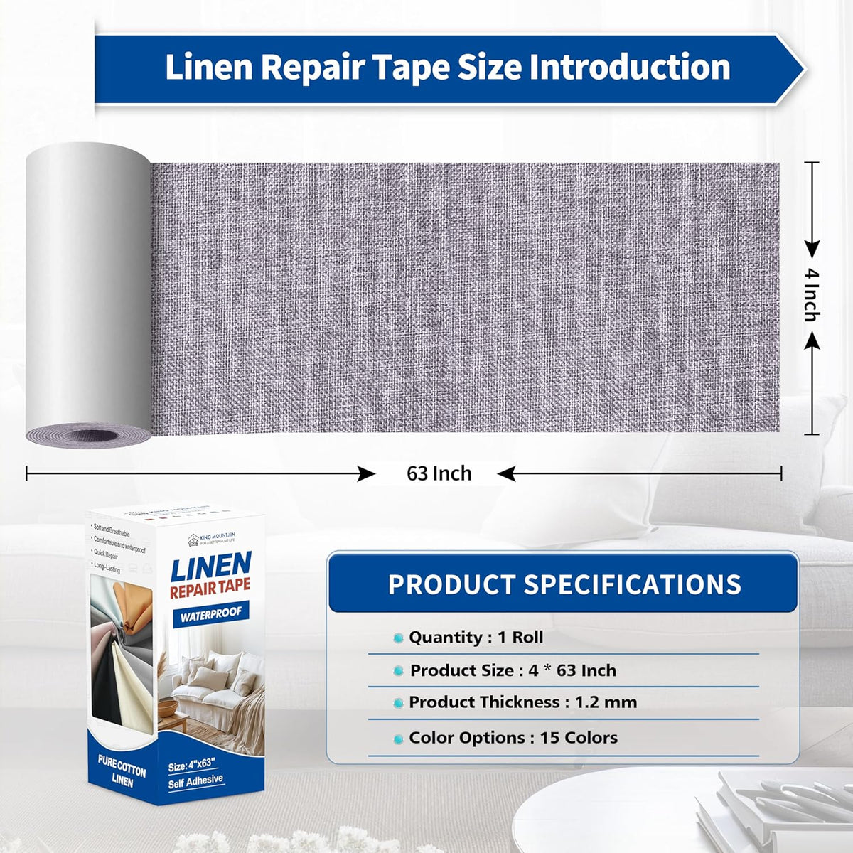 KING MOUNTAIN Linen Repair Patches, Self-Adhesive Linen Fabric Patches, 4 X 63 inch Extra Size