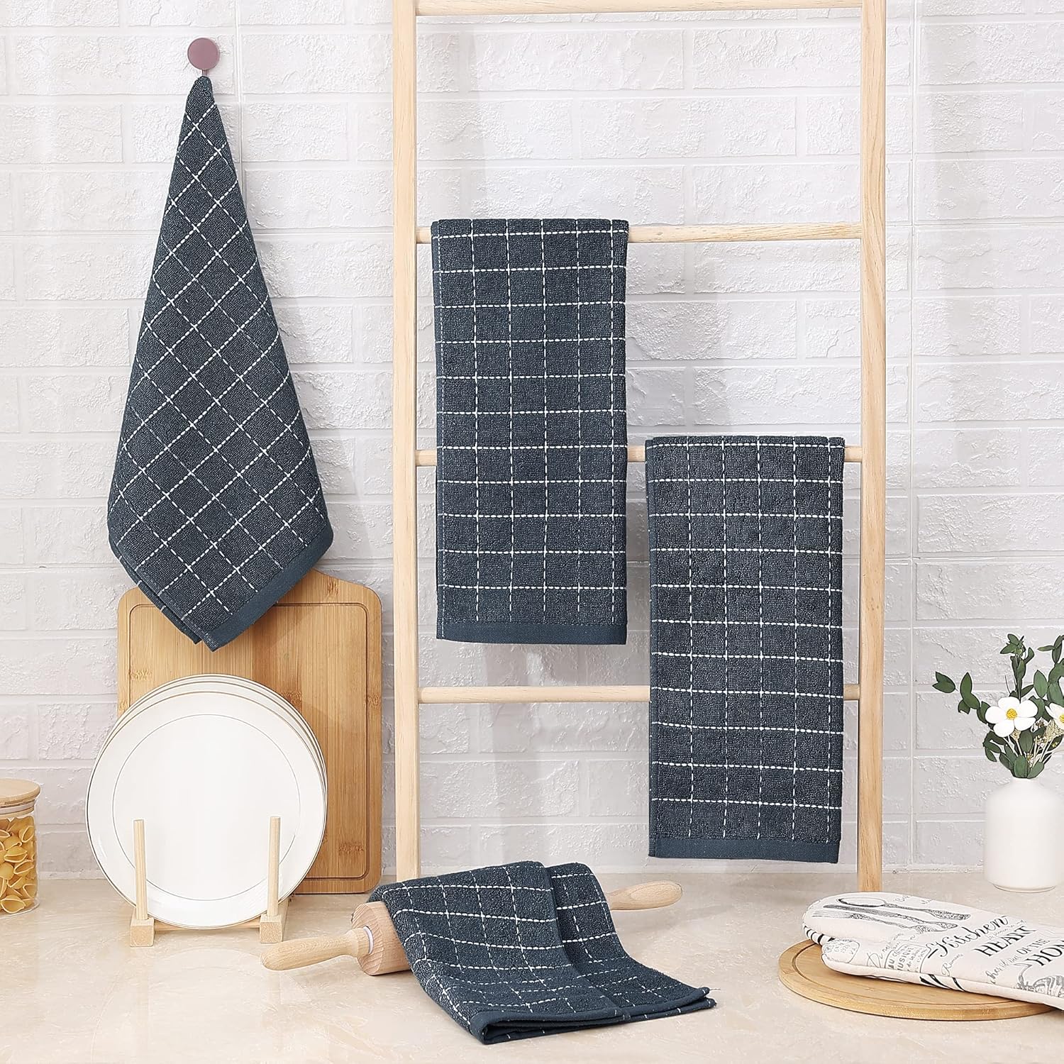 Homaxy 100% Cotton Terry Kitchen Towels(Dark Grey, 13 x 28 inches), Checkered Designed, Soft and