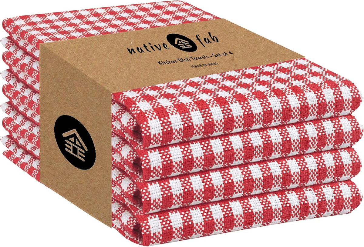 Native Fab Gingham Cotton Kitchen Towel 4 Pack 16"x26" - Absorbent Tea Linen Towels, Dish Cloths