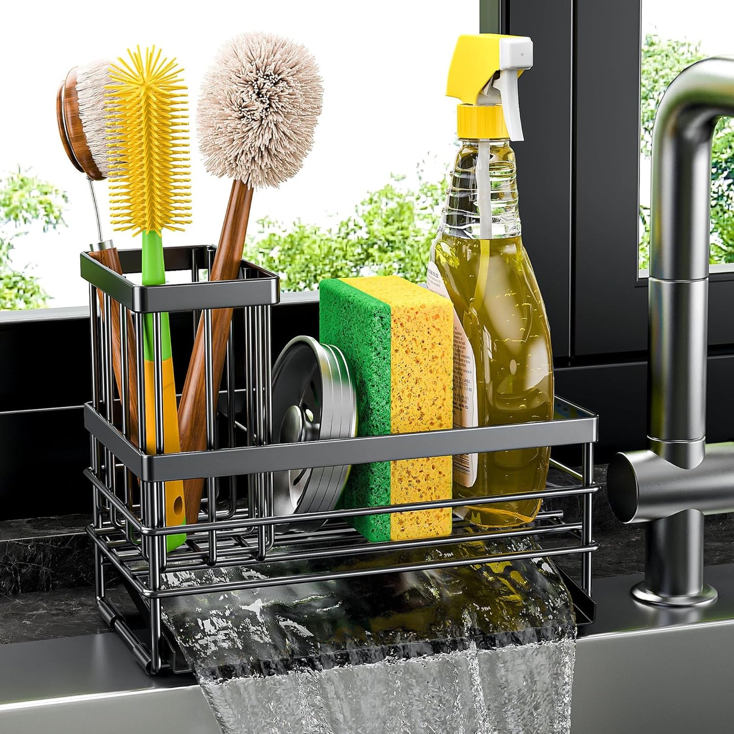 Cisily Sink Caddy Sponge Holder for Kitchen with Brush Holder and Stainless Steel Self Drain Tray