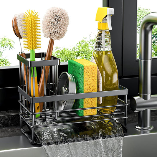 Cisily Sink Caddy Sponge Holder for Kitchen with Brush Holder and Stainless Steel Self Drain Tray