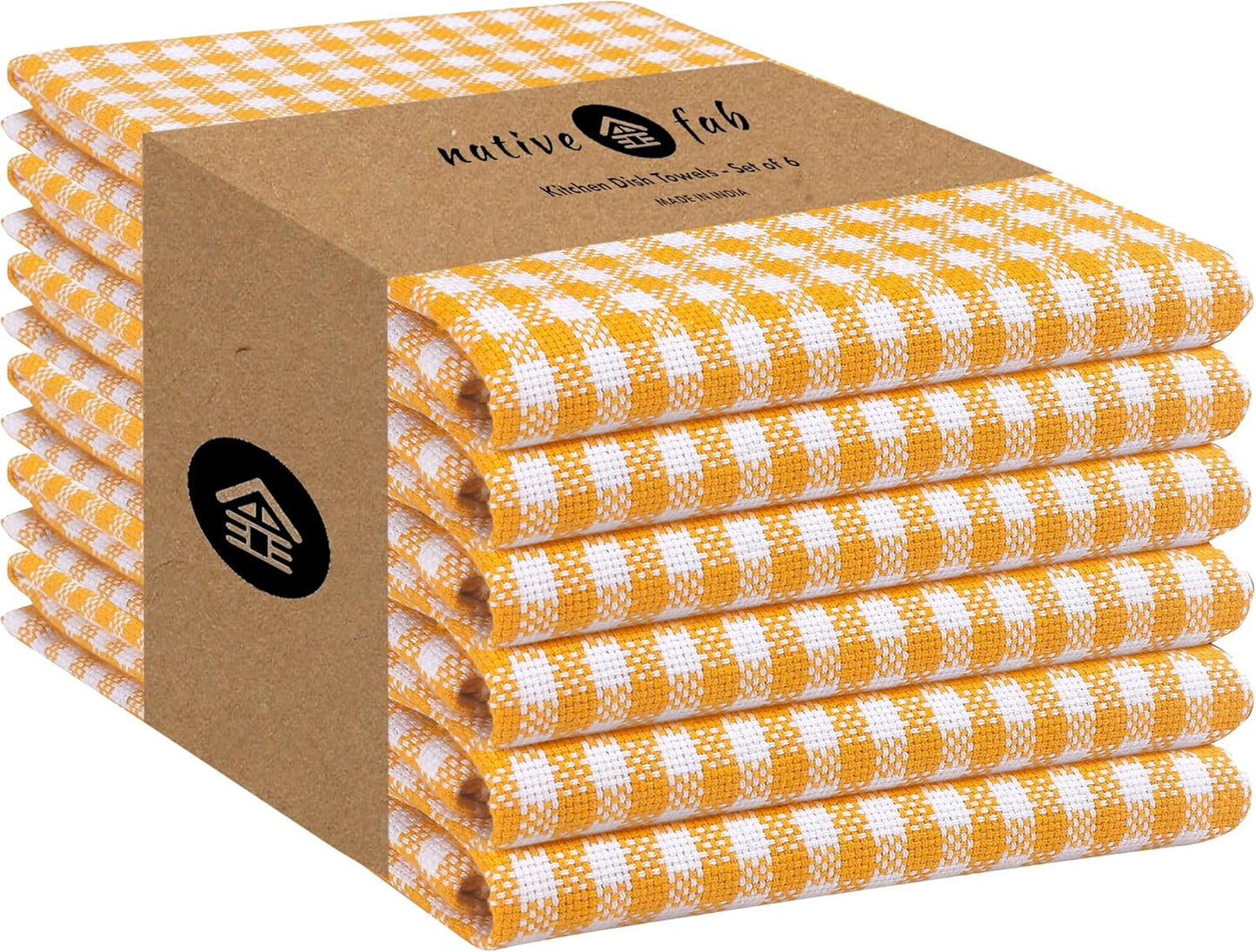 Native Fab 6 Pack Gingham Mini Check Kitchen Hand Towels Set - 100% Cotton Absorbent Reusable
