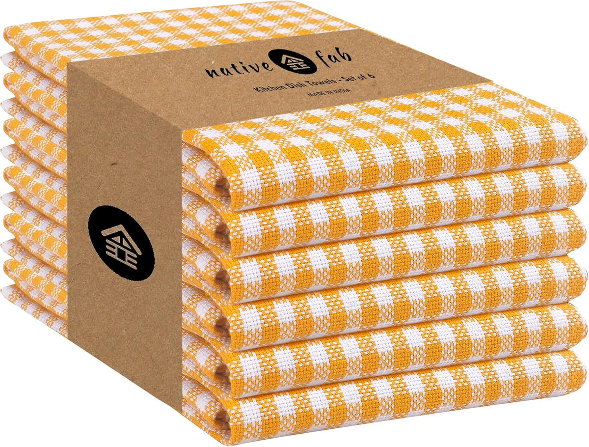 Native Fab 6 Pack Gingham Mini Check Kitchen Hand Towels Set - 100% Cotton Absorbent Reusable