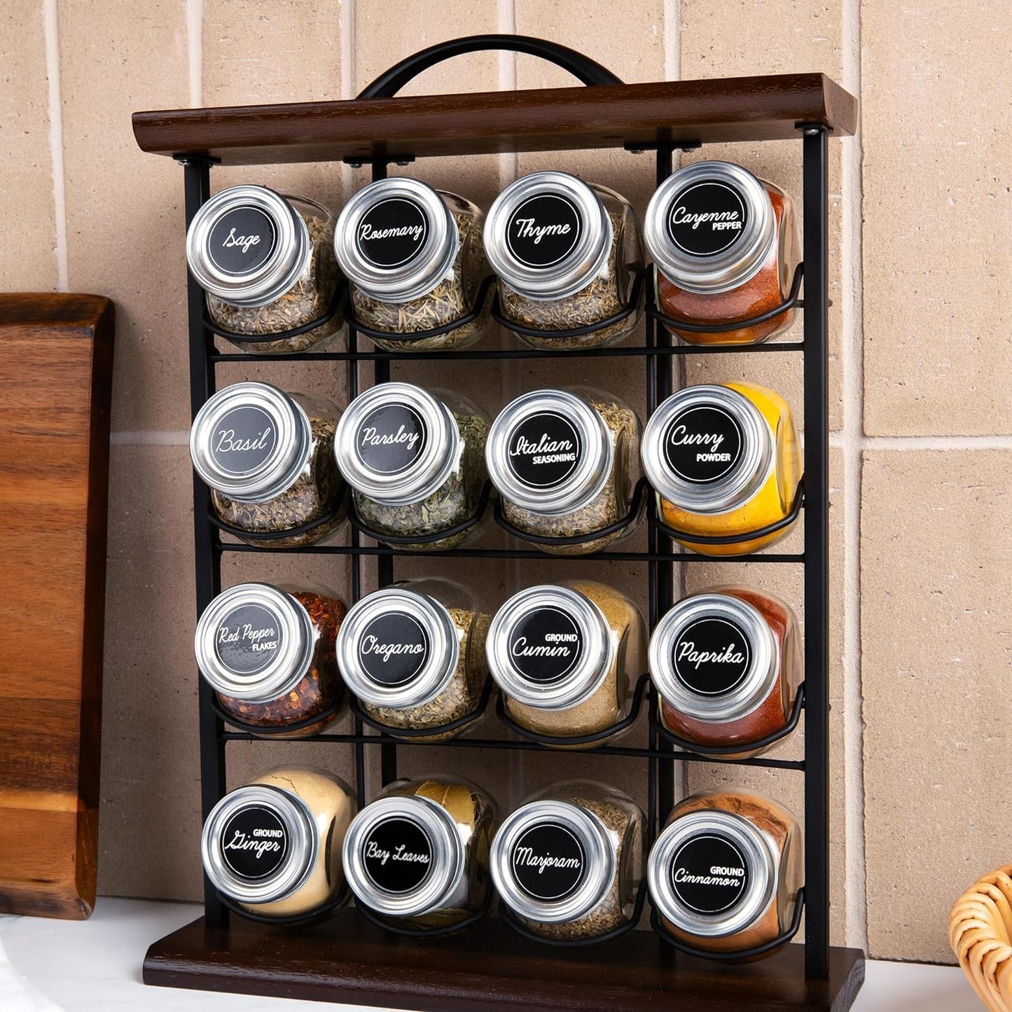 Orii 16 Jar Acacia Wood & Metal Wire Spice Rack with Spices Included, Storage for Spices and