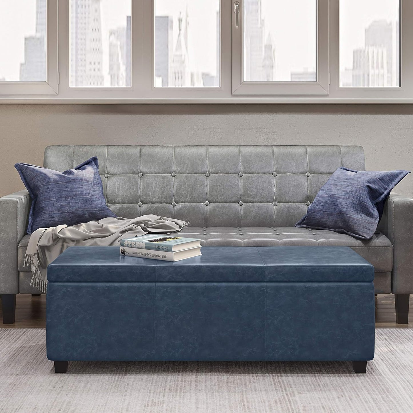 SIMPLIHOME Avalon 48 inch Wide Contemporary Rectangle Storage Ottoman Bench in Denim Blue Vegan