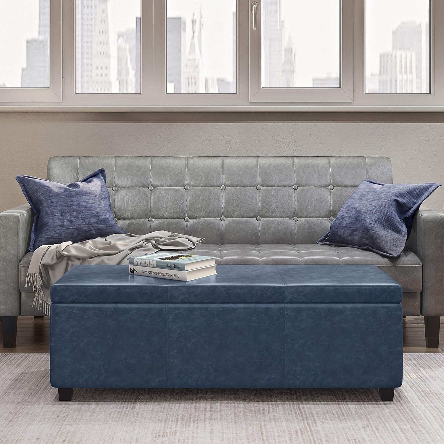 SIMPLIHOME Avalon 48 inch Wide Contemporary Rectangle Storage Ottoman Bench in Denim Blue Vegan