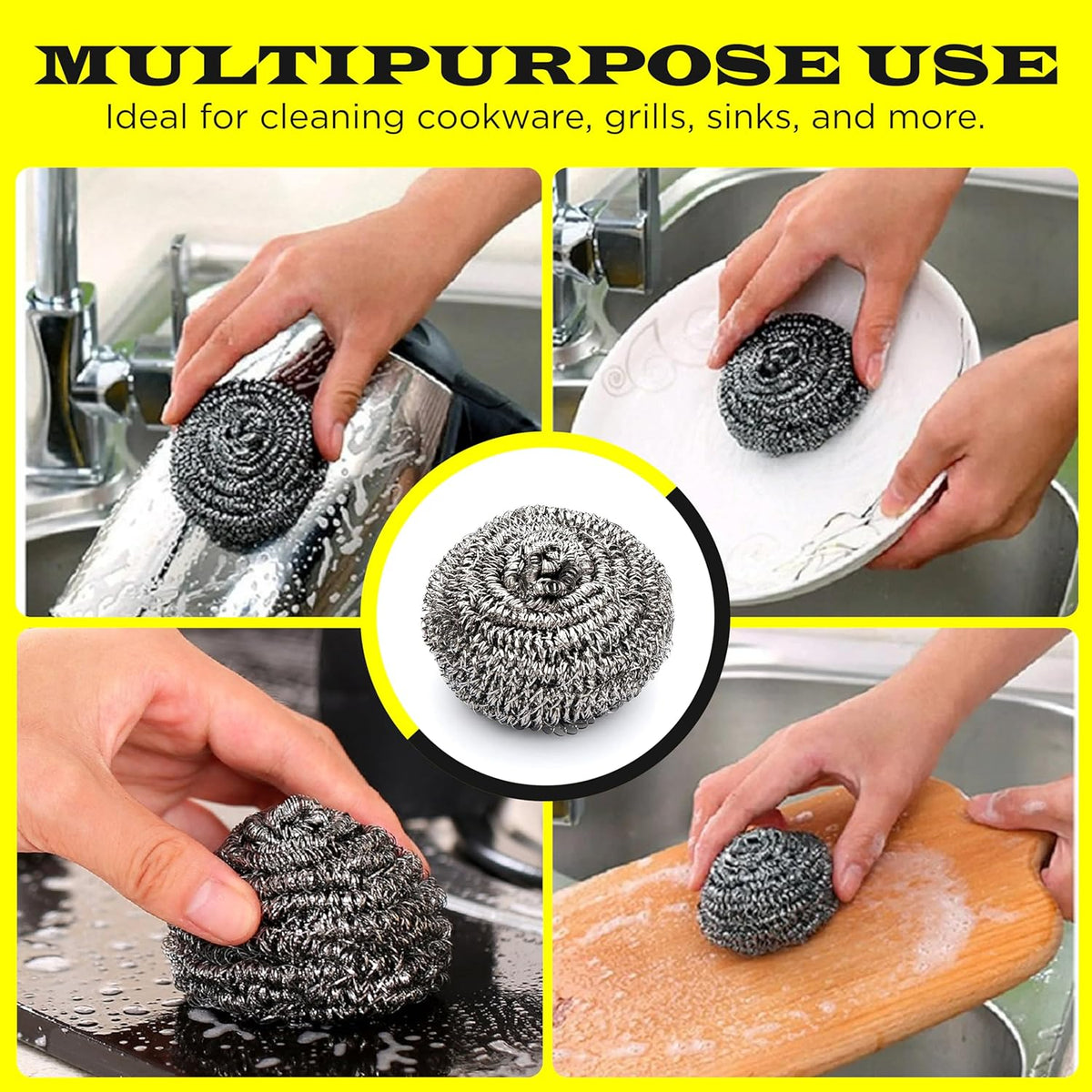 6 Pcs Simba Stainless Steel Wool Scrubber Pads for Cleaning Pans, Pots, Dishes, Ovens, Grills