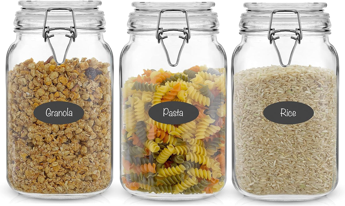 Airtight Glass Jars with Lids Set of 3. 50oz Glass Jar with Lid and 6 Silicone Seals! Med Glass