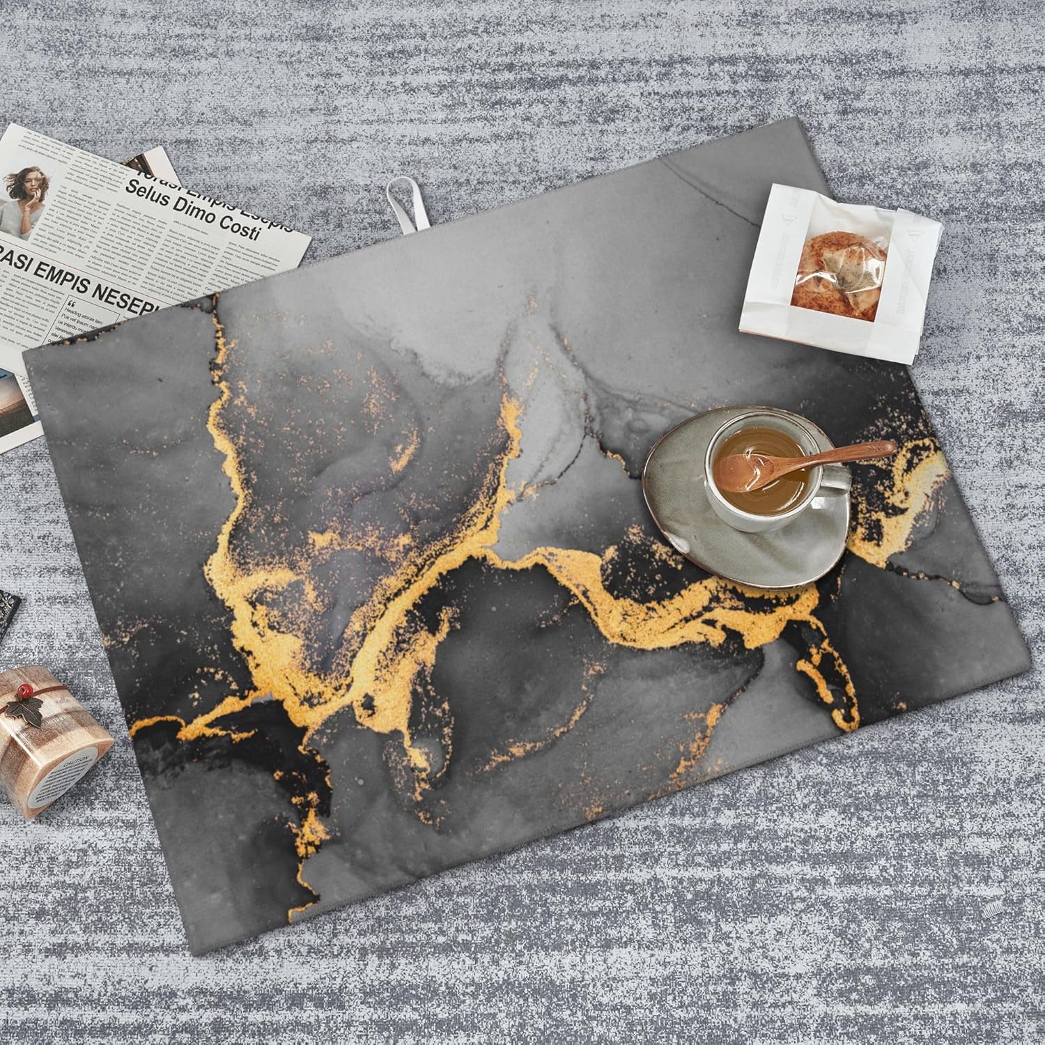 Black Gray Gold Marble Kitchen Drying Mat Abstract Modern Microfiber Dish Drainer Mat for Kitchen